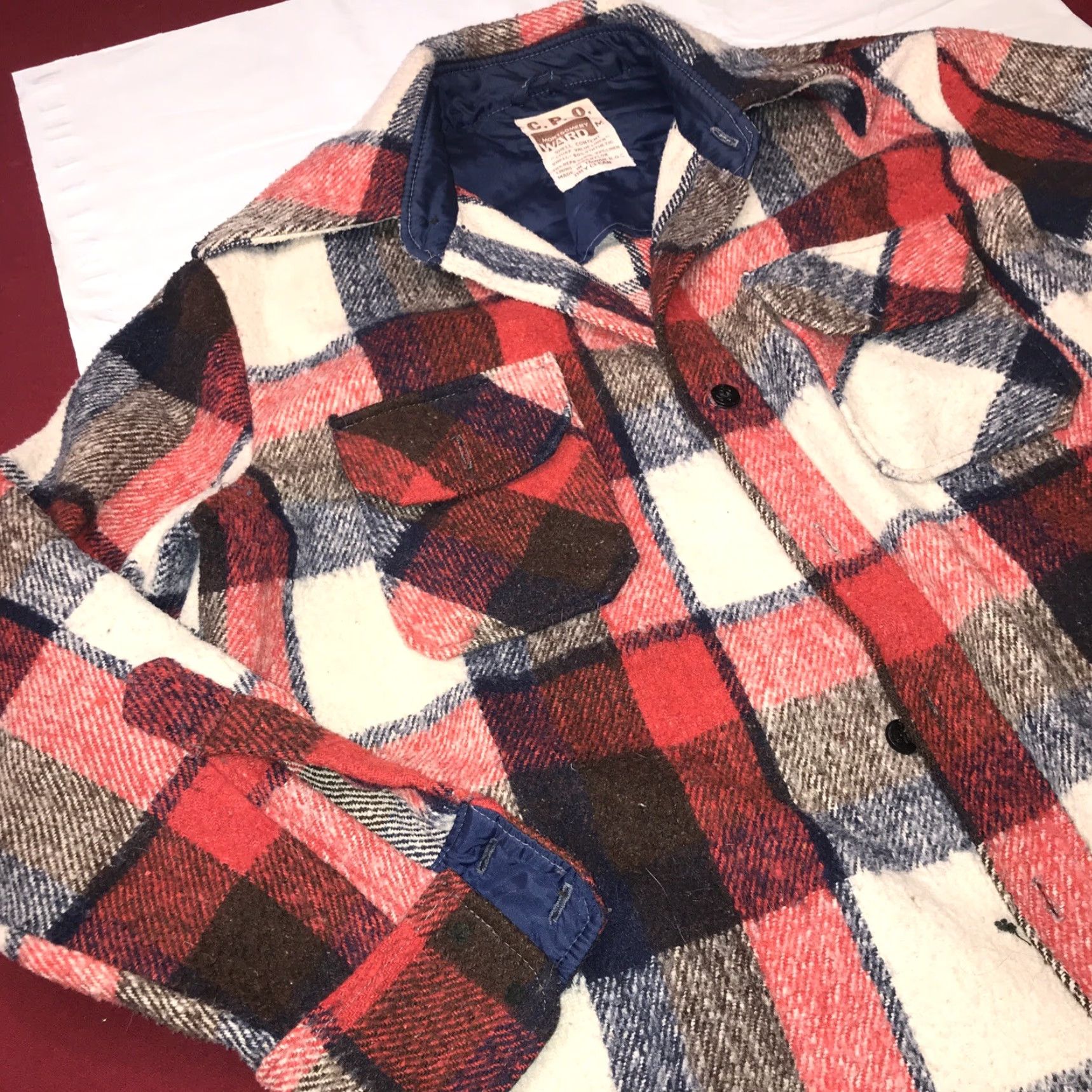 Vintage VINTAGE Montgomery Ward CPO Shirt Jacket Wool Linen Plaid Wool Blend 1970s Medium Mens Red Blue Size US M / EU 48-50 / 2 - 3 Thumbnail