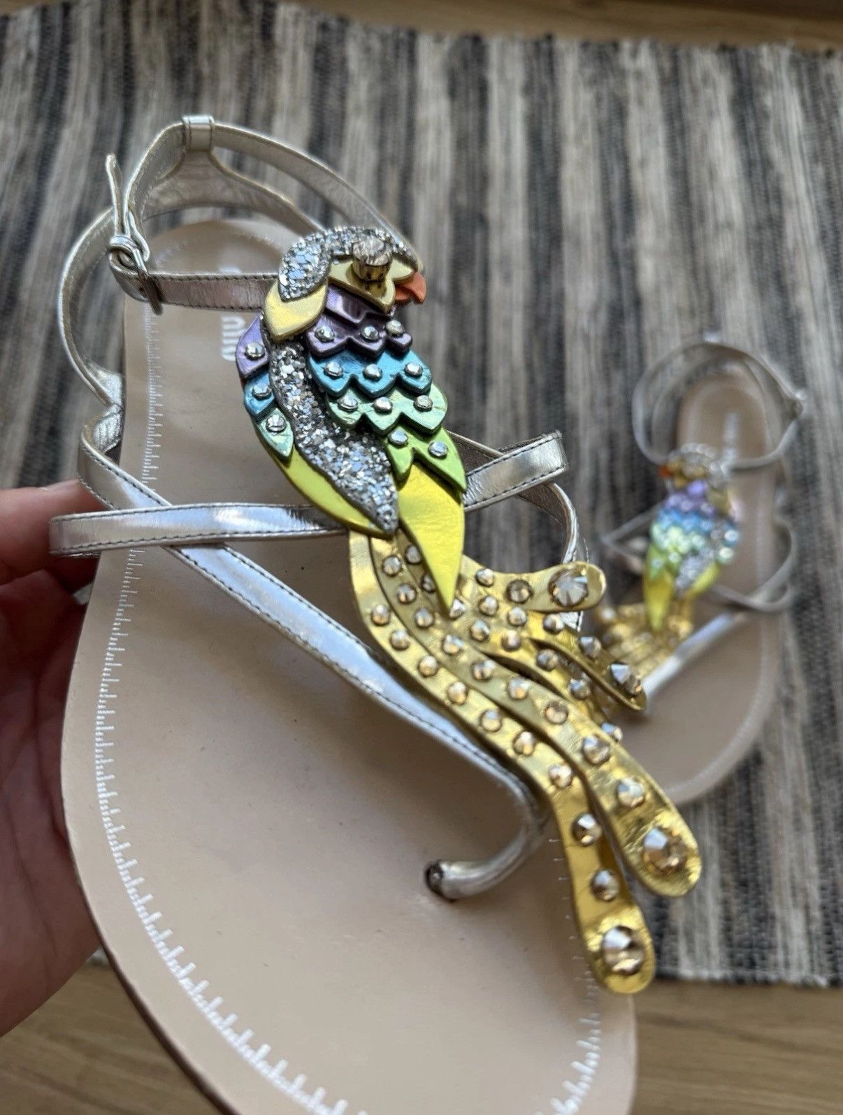 Miu Miu Miu Miu Leather Crystal Sandals Crystal Embellished Parrot Size US 7 / IT 37 - 6 Thumbnail