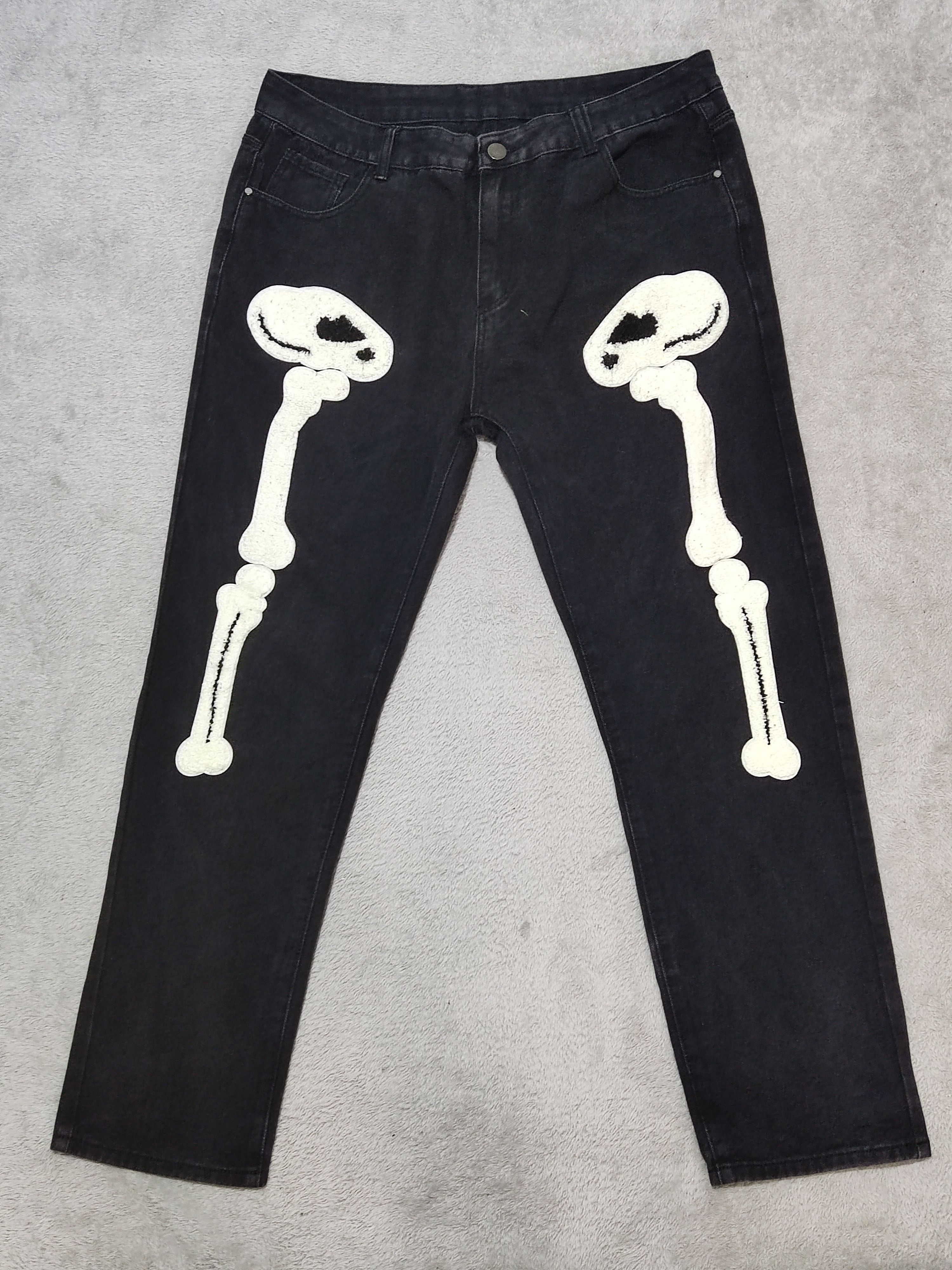 Japanese Brand Streetwear Skeleton Bone Chenille Patch Black Washed Denim Size US 35 - 2 Thumbnail