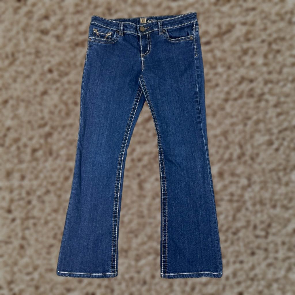 Vintage KUT from the Kloth Jeans Women 8 Blue Denim Flared Low Rise 30x29 Cotton Stretch Distressed Embroidered Logo Size 30" / US 8 / IT 44 - 1 Thumbnail