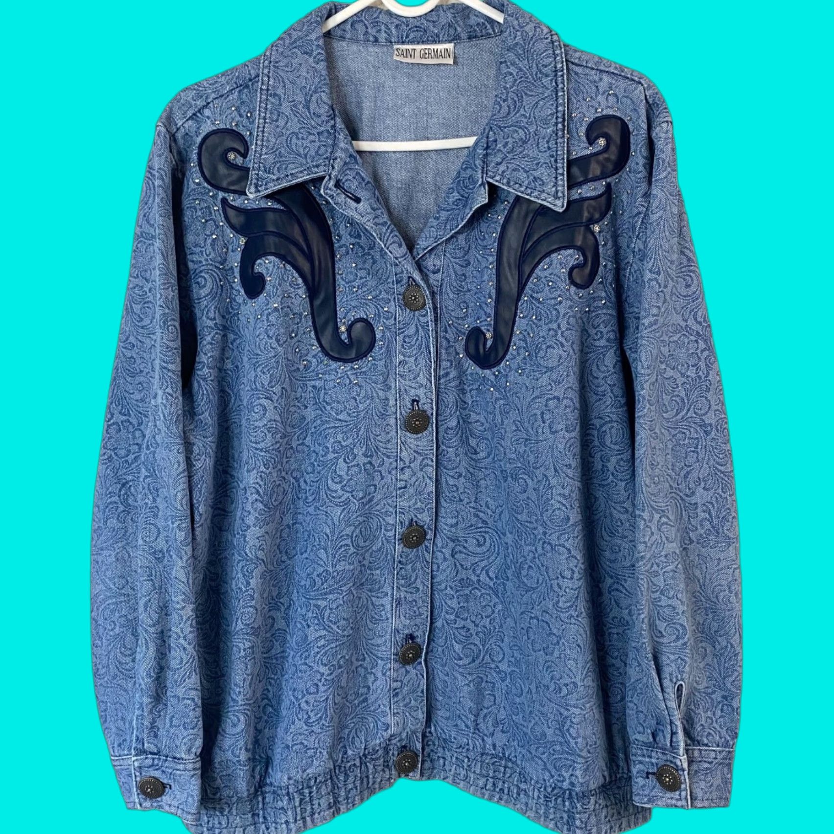 Denime VINTAGE Saint Germain Western Denim Jacket Women L Blue Floral Motif Button-Up 100% Cotton USA Womens Size L / US 10 / IT 46 - 1 Thumbnail