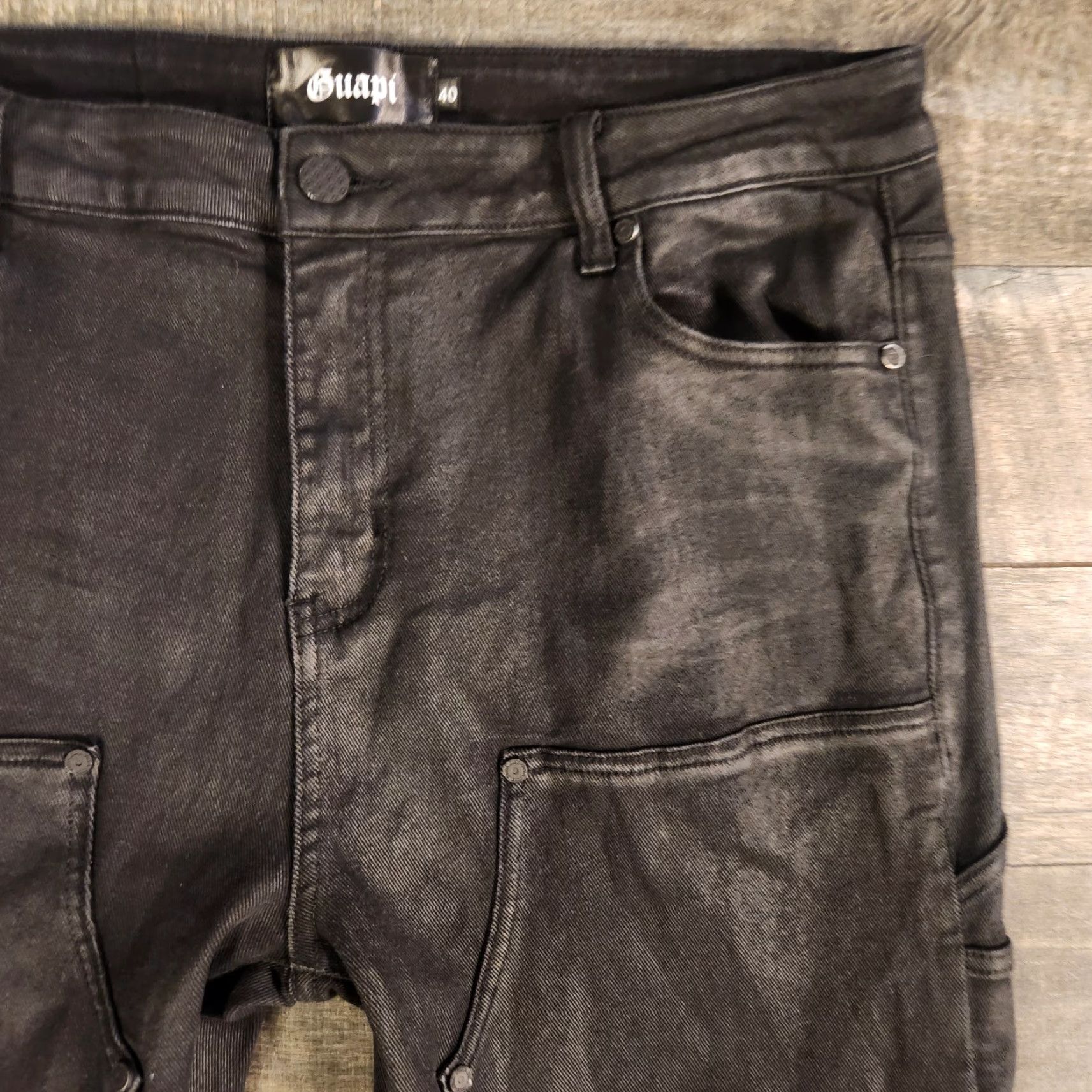 Vintage Guapi Jeans Mens 40x37 Stacked Waxed Black Carpenter Pockets Distressed Cargo Pocket Slim Regular Jeans 40 In Se 37 In Navy? Size US 40 / EU 56 - 5 Thumbnail