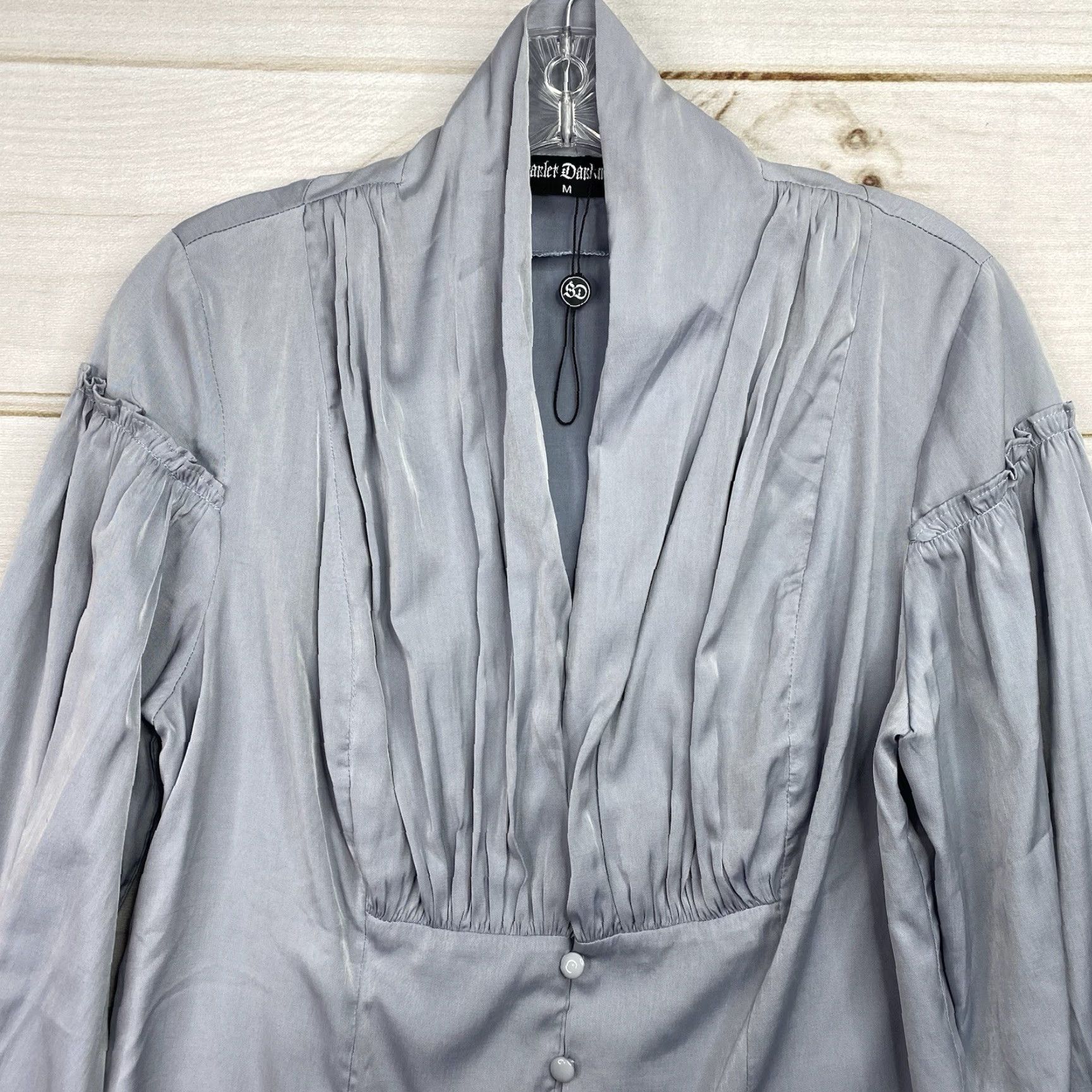 Vintage Scarlet Darkness Button-Up Shirt Womens M Gray Pleated Lightweight Cowl Neck Long Sleeve Modern Basic Size M / US 6-8 / IT 42-44 - 5 Thumbnail
