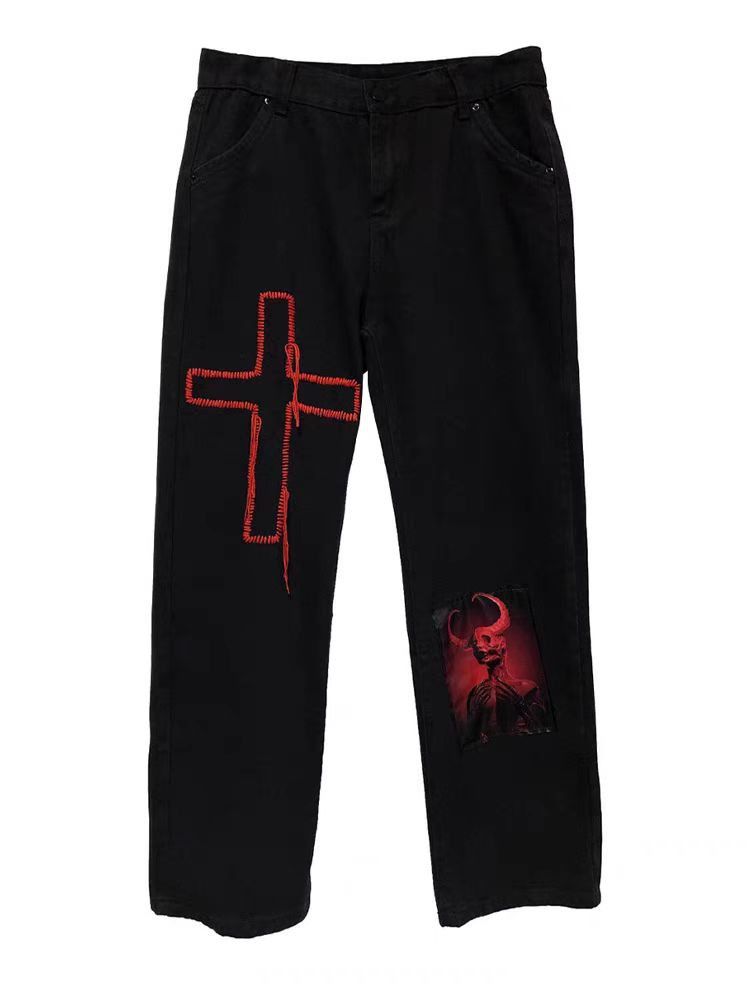Vintage Y2K Dark Cross Rock Zip Baggy Jeans