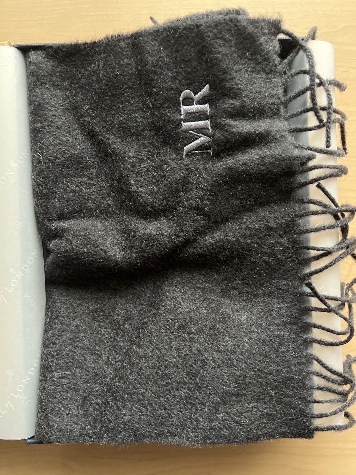Aspinal of London Dark Grey Cashmere Scarf - “MR” embroidery Size ONE SIZE - 1 Thumbnail
