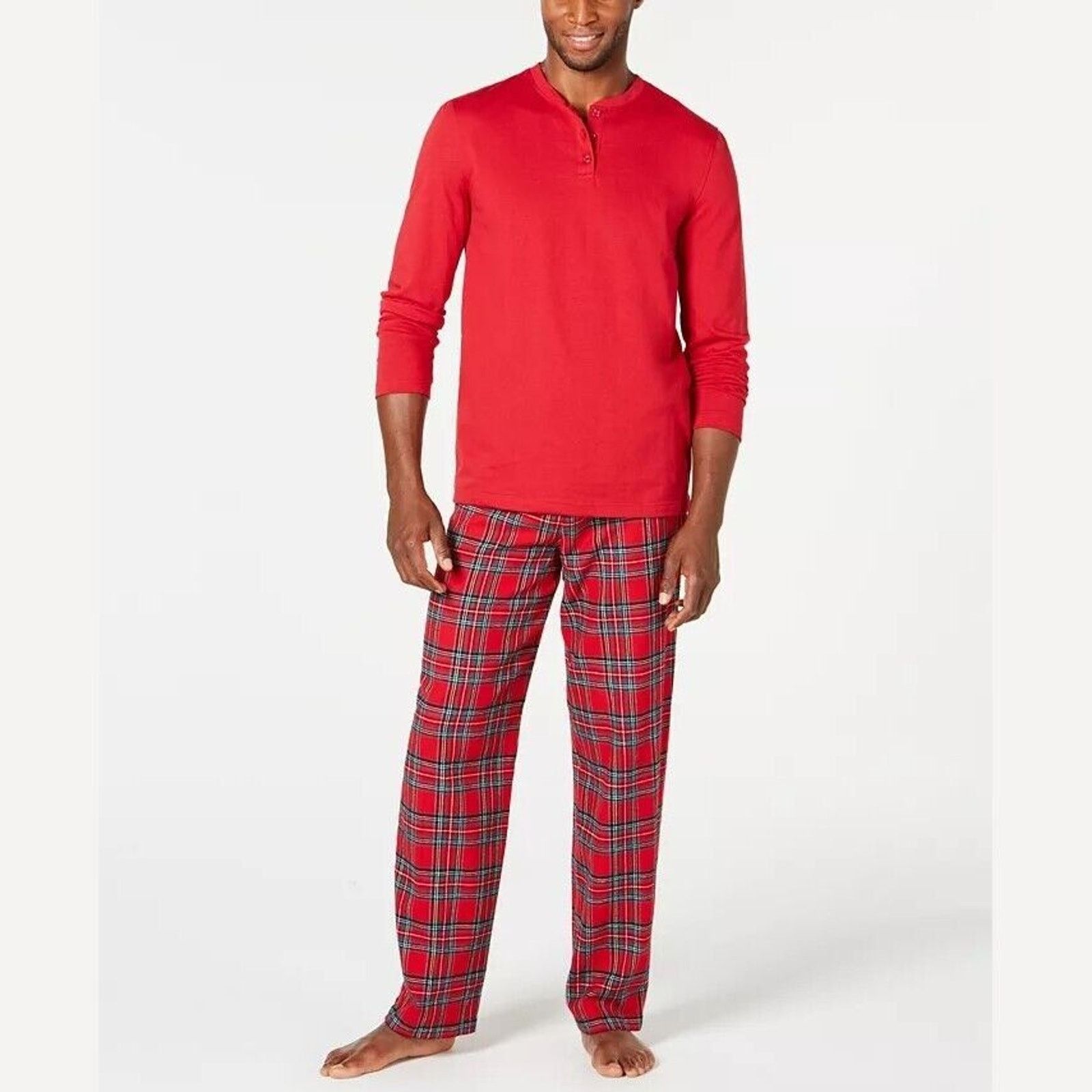 The Unbranded Brand Family Pajamas Men's Red Plaid Henley Pajama Set Size S Size ONE SIZE - 1 Thumbnail