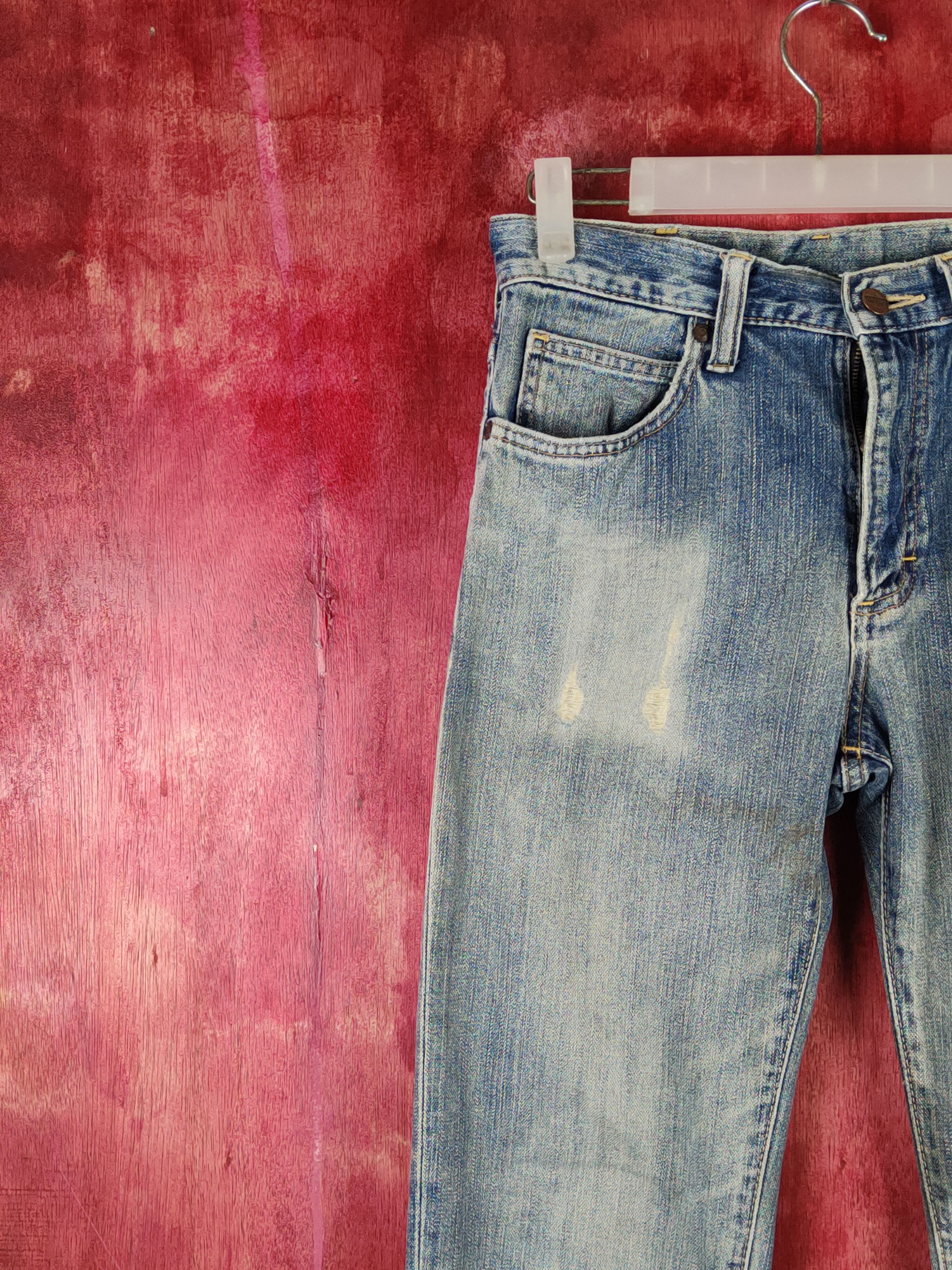 Japanese Brand Wrangler Blue Faded Distressed Ripped Jeans #S1631 Size US 28 / EU 44 - 3 Thumbnail