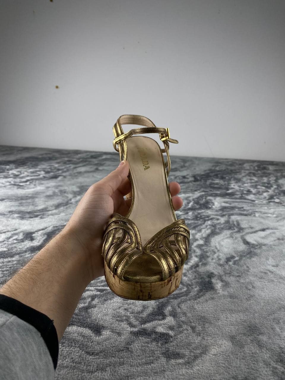 Prada Prada Metallic Gold Ankle Strap Cork Platform Block Heel Size US 8 / IT 38 - 7 Thumbnail