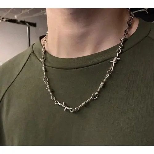 Jewelry Chrome Necklace Spike Post Barb Wire Punk Chain Size ONE SIZE - 1 Thumbnail