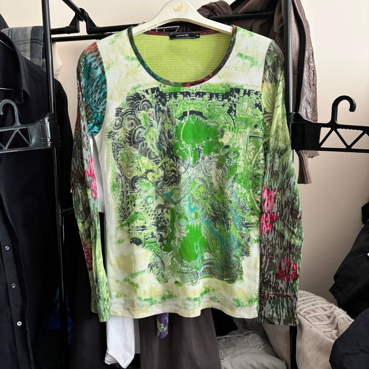 JPG Vibe Y2K Mesh Top Lime Psychedelic Print Grunge ERD