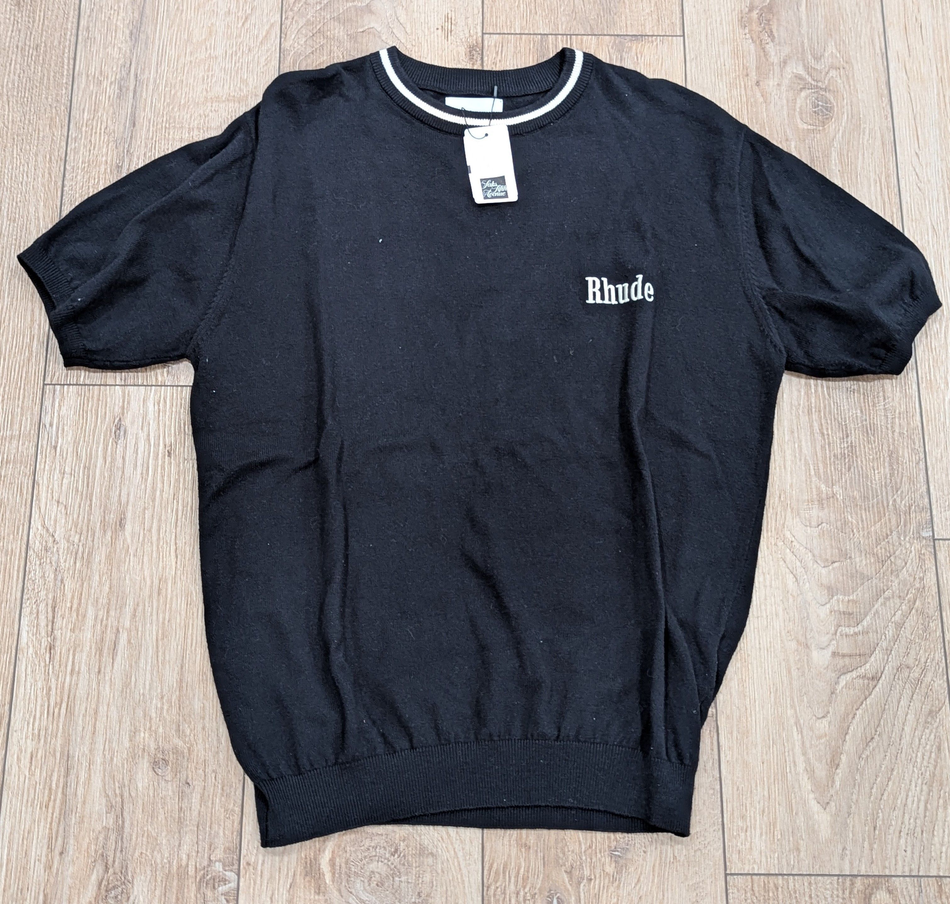 Rhude RHUDE Logo Knit Cotton/Cashmere T-Shirt Black/Ivory Medium Size US M / EU 48-50 / 2 - 1 Thumbnail