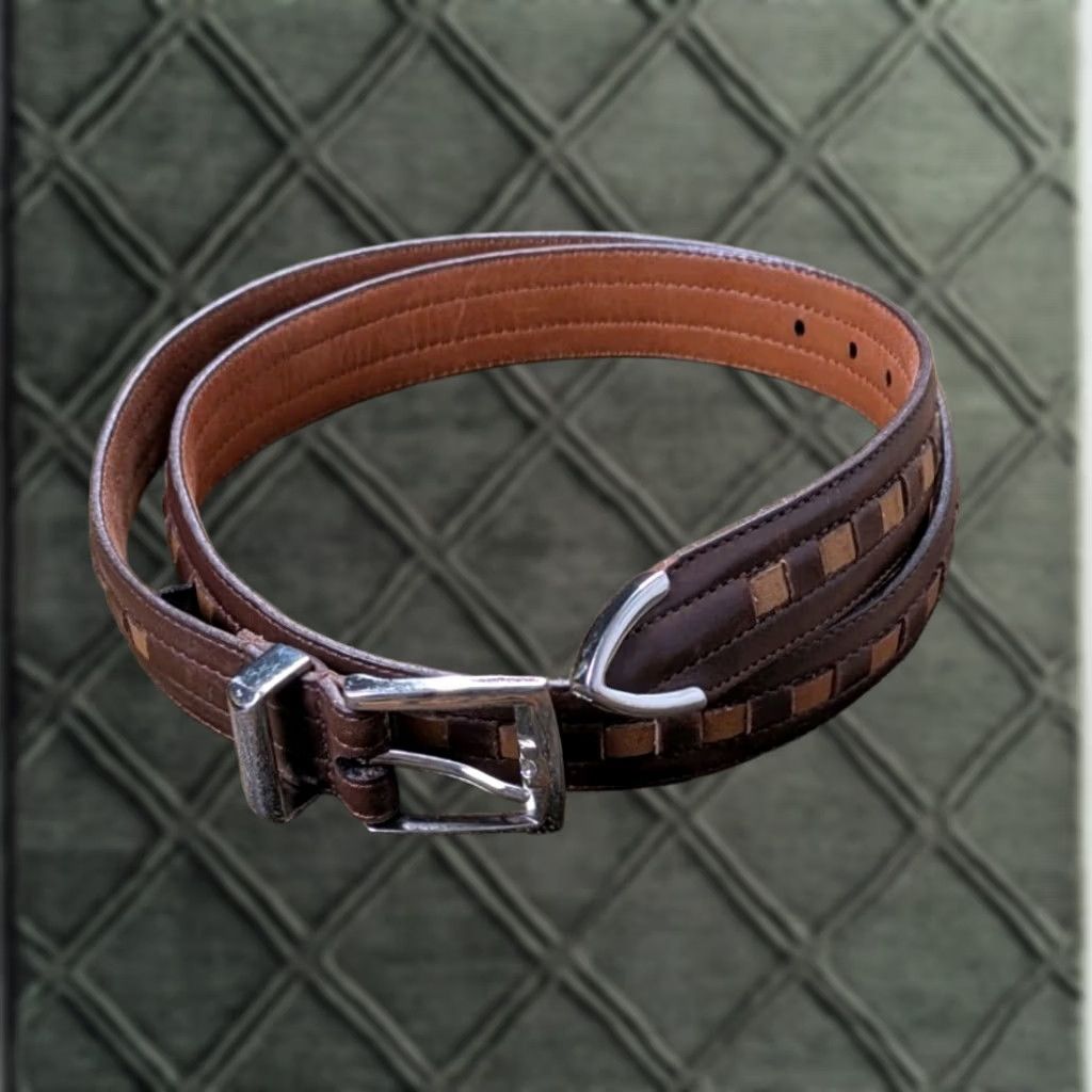 Vintage Bragano Belt Leather Woven 36 Mens Brown Canada 2 Tone Silver Tone Hardwear 1.5" Wide Size 36 - 1 Thumbnail
