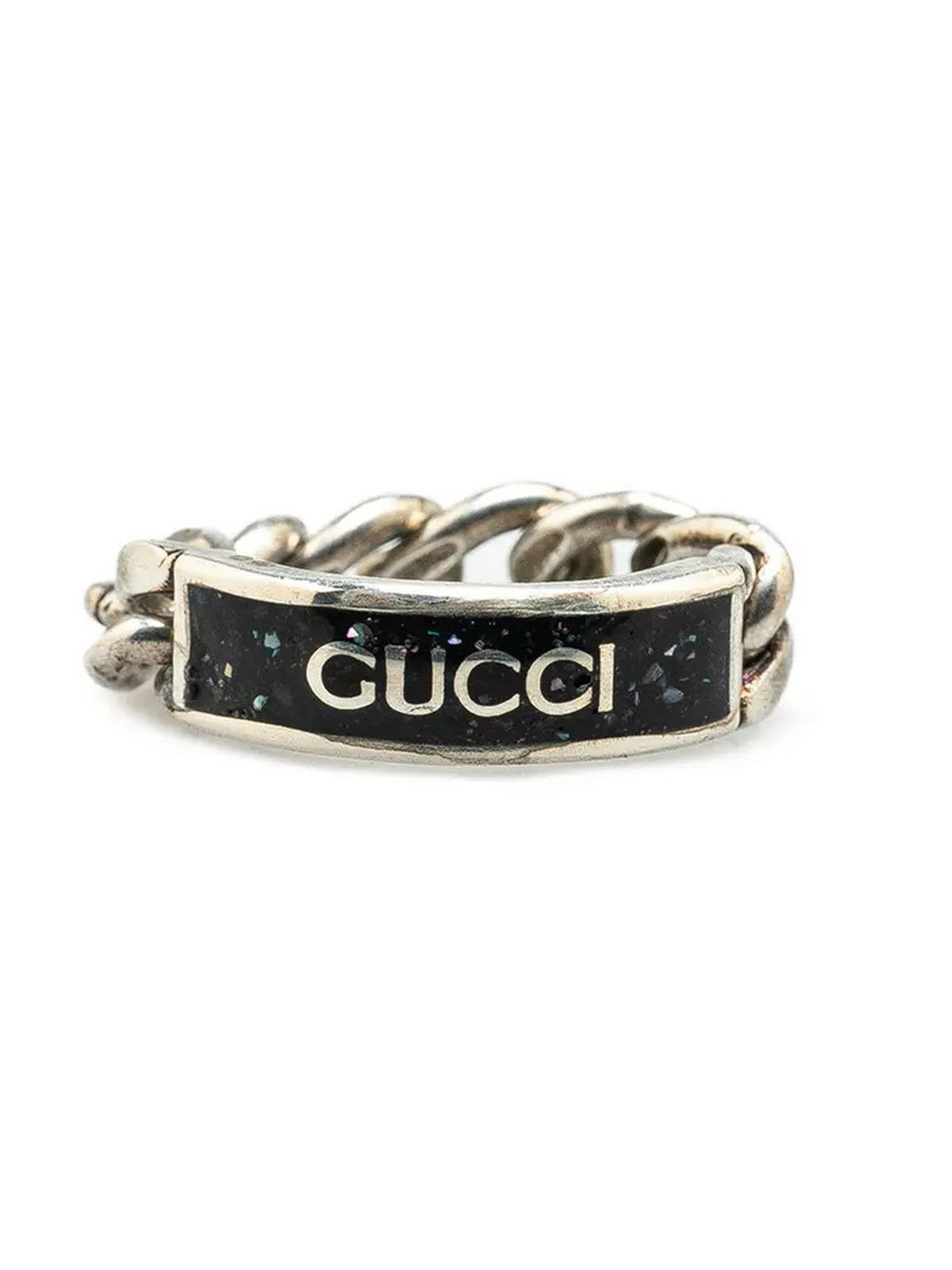 GUCCI Tag Chain logo black silver ring Size 20