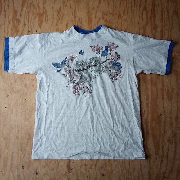 Vintage Vintage Day Break Kittens Cats Birds Double Sleeve T-Shirt Size US L / EU 52-54 / 3 - 2 Thumbnail