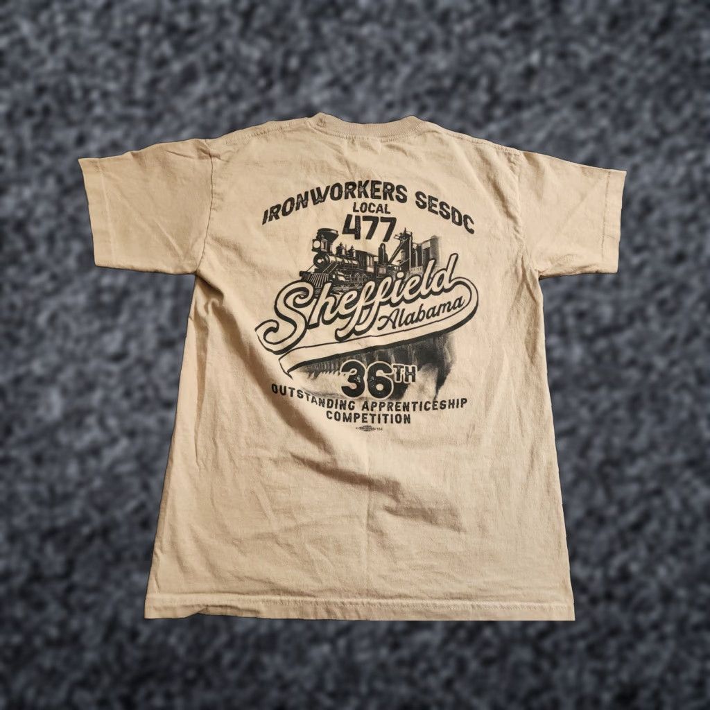 Doublet Bayside Mens L T Shirt Union Graphic Print Double-Sided Local 447 Iron Workers Beige Cotton Crew Neck Short Sleeve Regular Mens Size US L / EU 52-54 / 3 - 1 Thumbnail