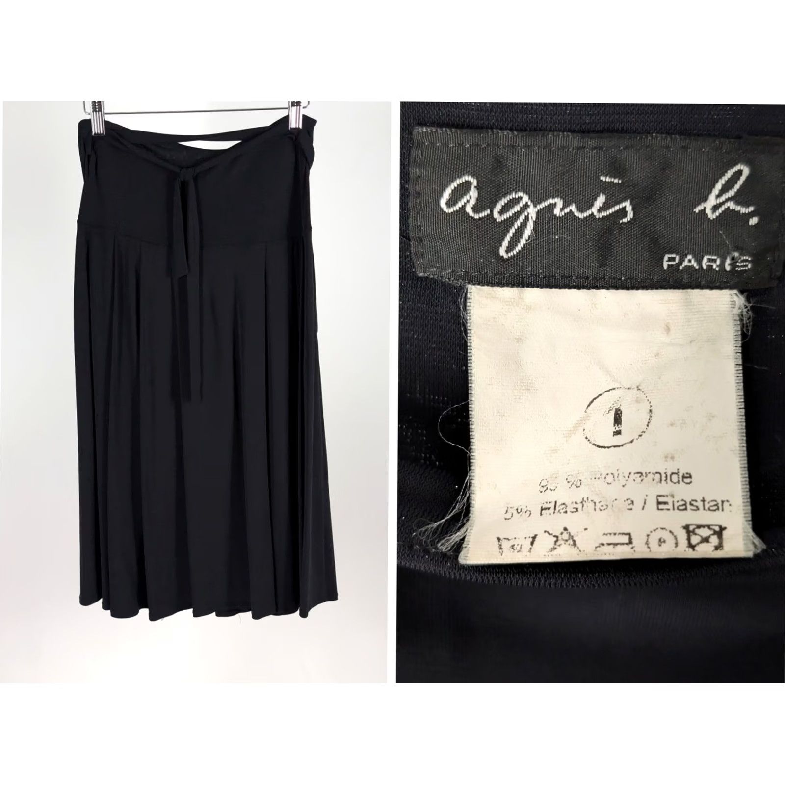 Vintage VINTAGE Agnes B Paris Black Stretchy Bodycon Pleated Skirt France 90s Tie Waist Knee Length Womens XS-1 Size 25" / US 0 / IT 36 - 2 Thumbnail