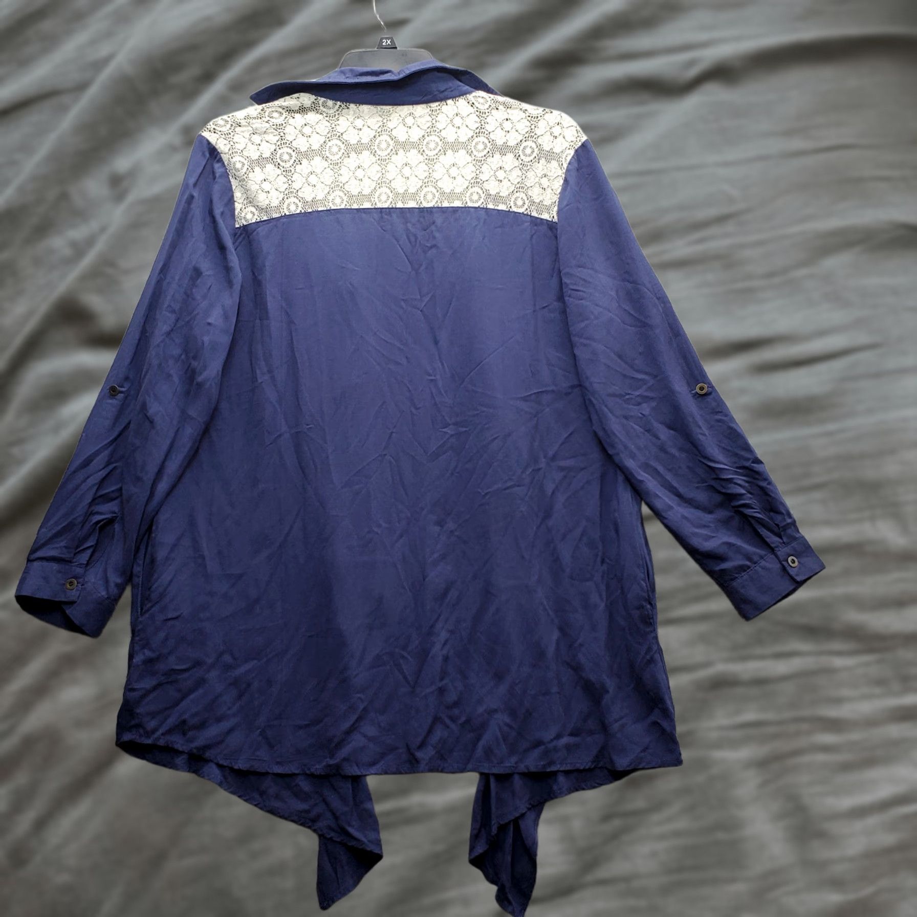 Vintage UMGEE Cardigan Women's L Navy Cotton Lace Back Roll Tab Sleeve Open Drape Front Size L / US 10 / IT 46 - 1 Thumbnail