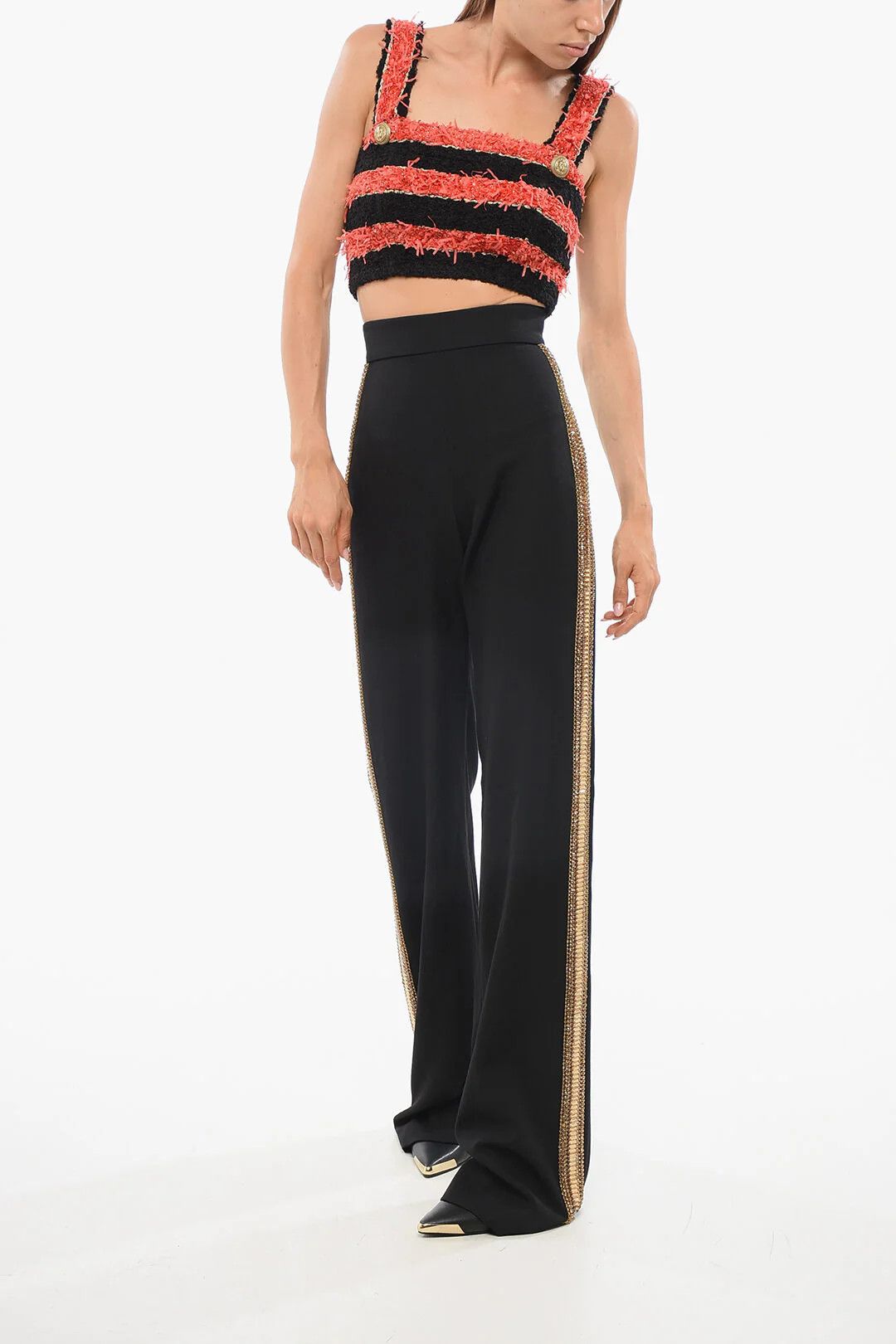 Balmain og1mm0326 Two-Tone Striped Tweed Crop Top in Black & Red Size XS / US 0-2 / IT 36-38 - 4 Thumbnail
