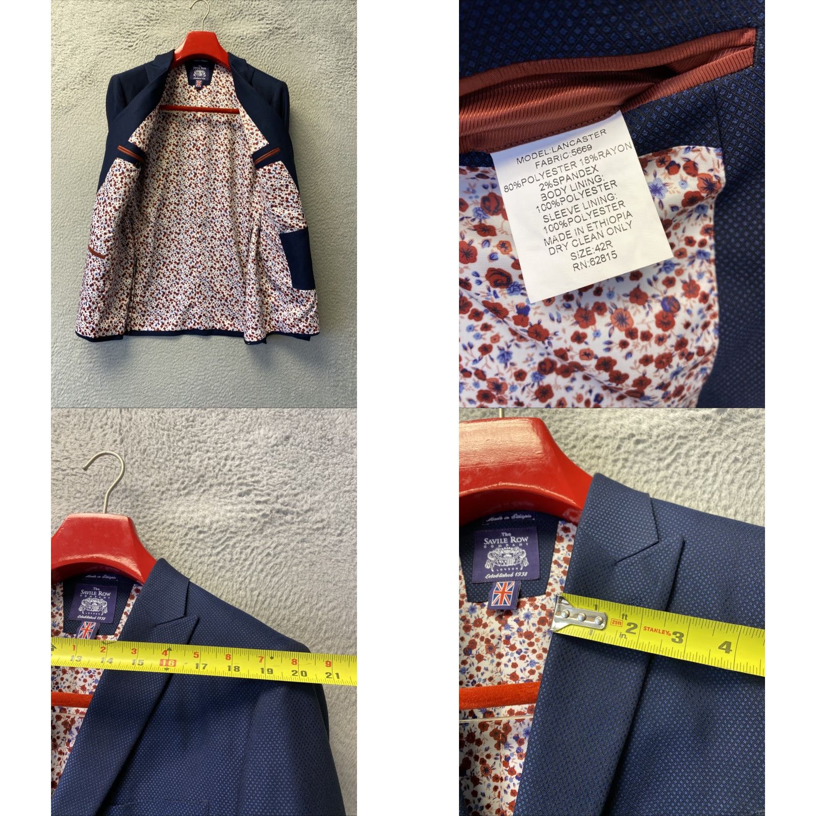 Vintage Savile Row Blazer Coat Men 42R Navy Regular Check 0639 NWOT Size 42R - 8 Thumbnail