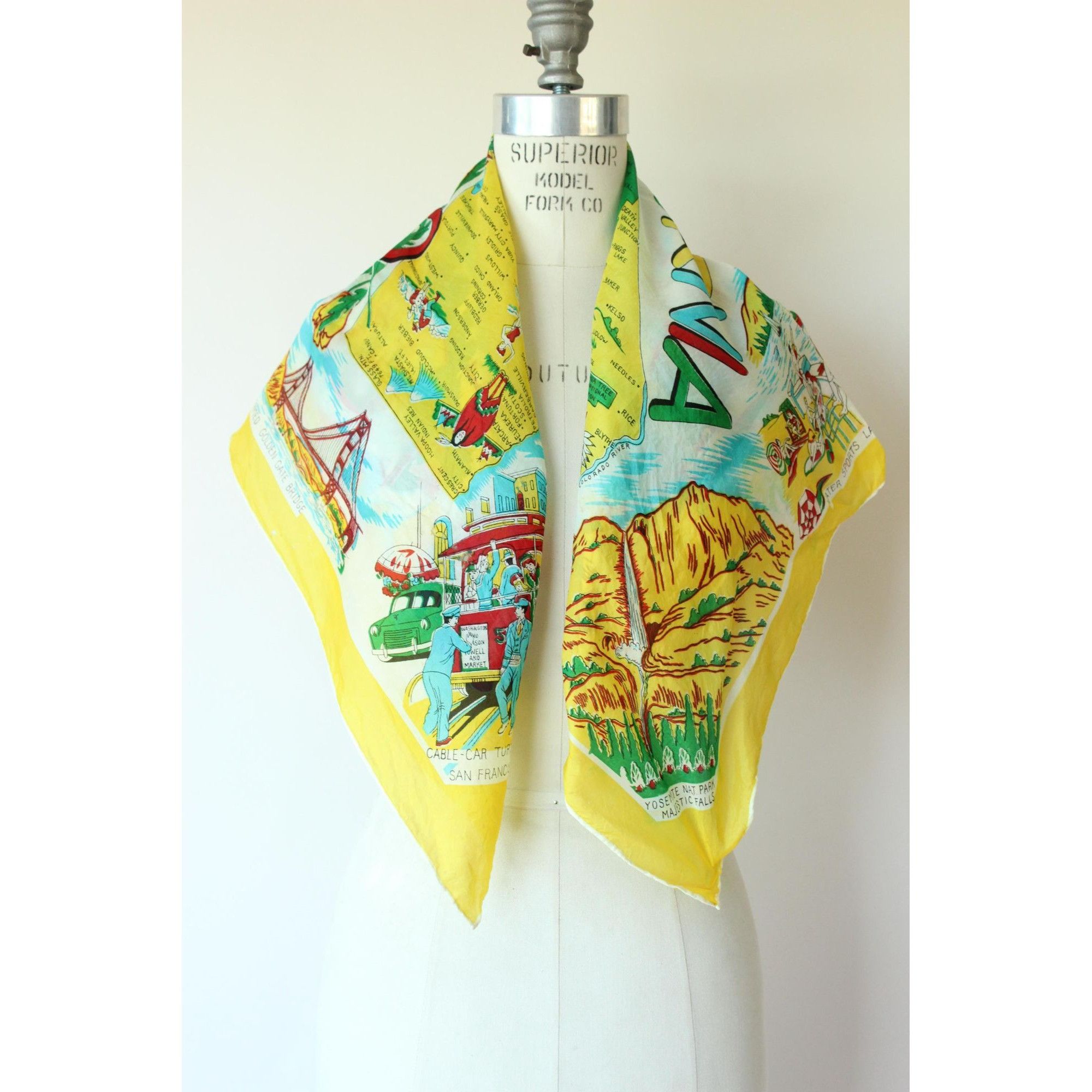Vintage Vintage 1950s Scarf, California Map Souvenir Rayon Head Size ONE SIZE - 7 Thumbnail