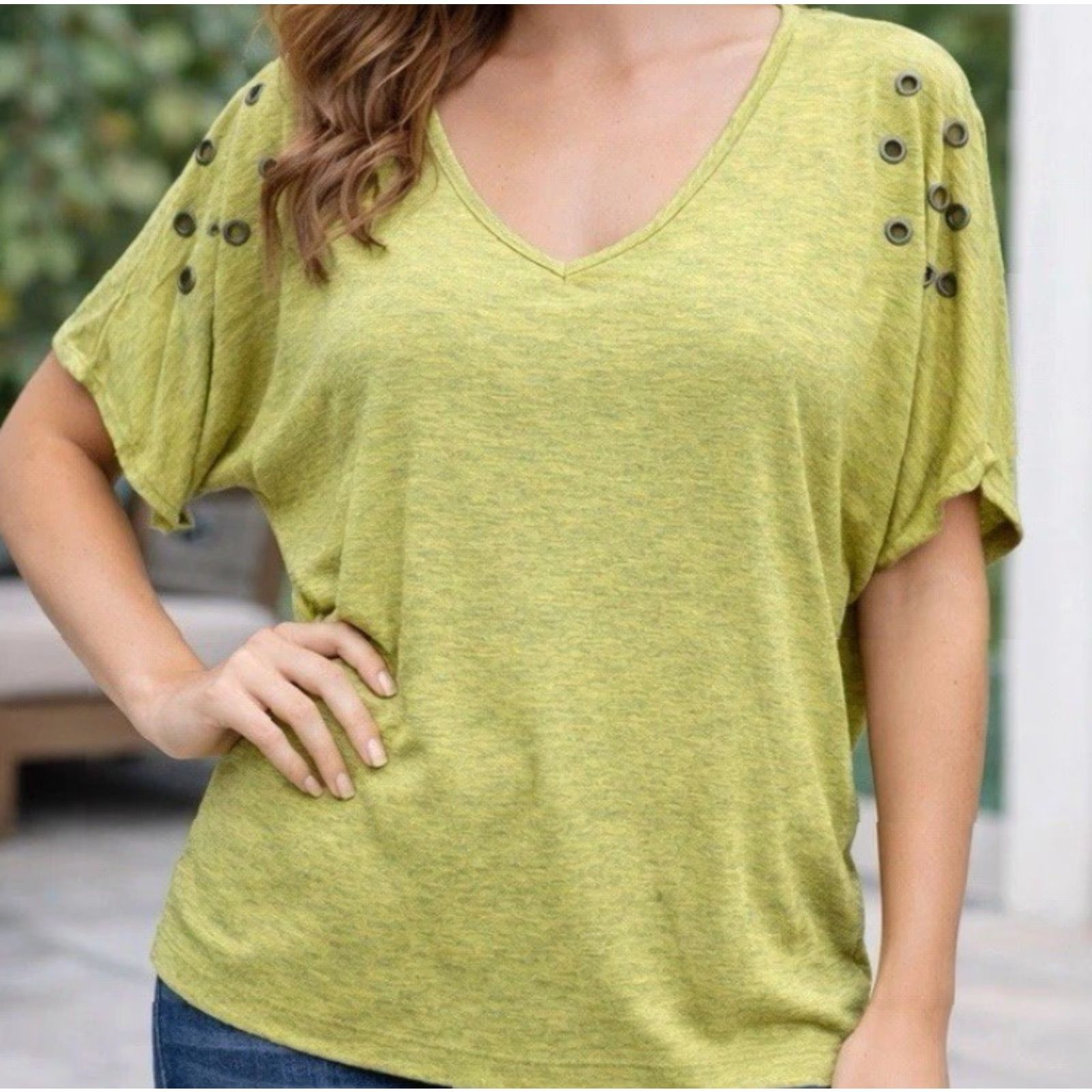 Vintage Mandee Top Blouse Women M Green Short Sleeve Grommet Detail Vintage Boho DJ Rock 90s Style Mens Womens Girls Size M / US 6-8 / IT 42-44 - 2 Thumbnail
