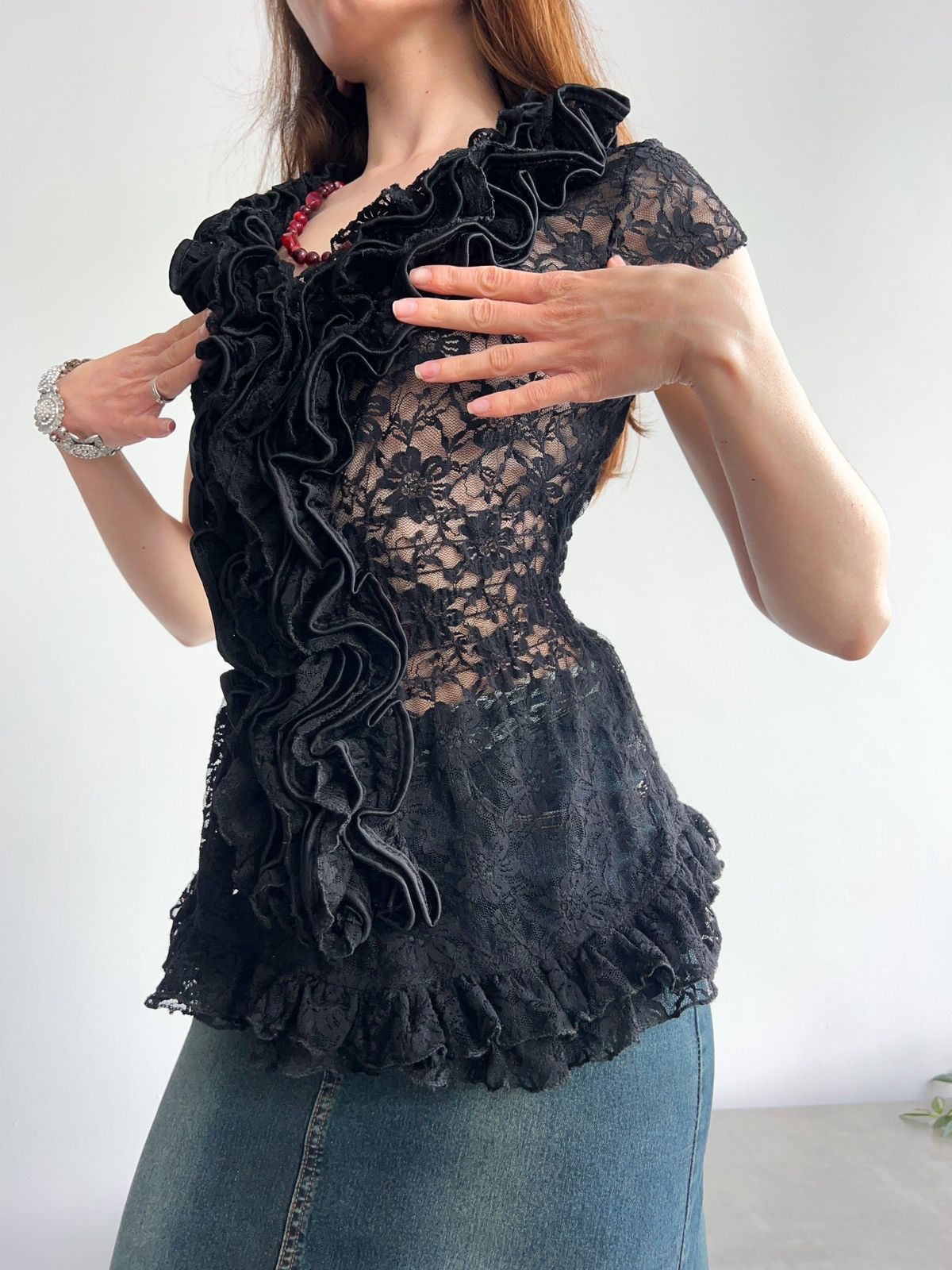 Vintage Vintage amazing sheer black floral gothic top , Y2K , ruffle Size S / US 4 / IT 40 - 3 Thumbnail