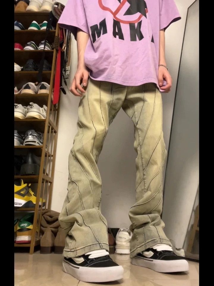 image of Raw Edge Stripe Flare Jeans in Faded Yellow, Men's (Size 32)