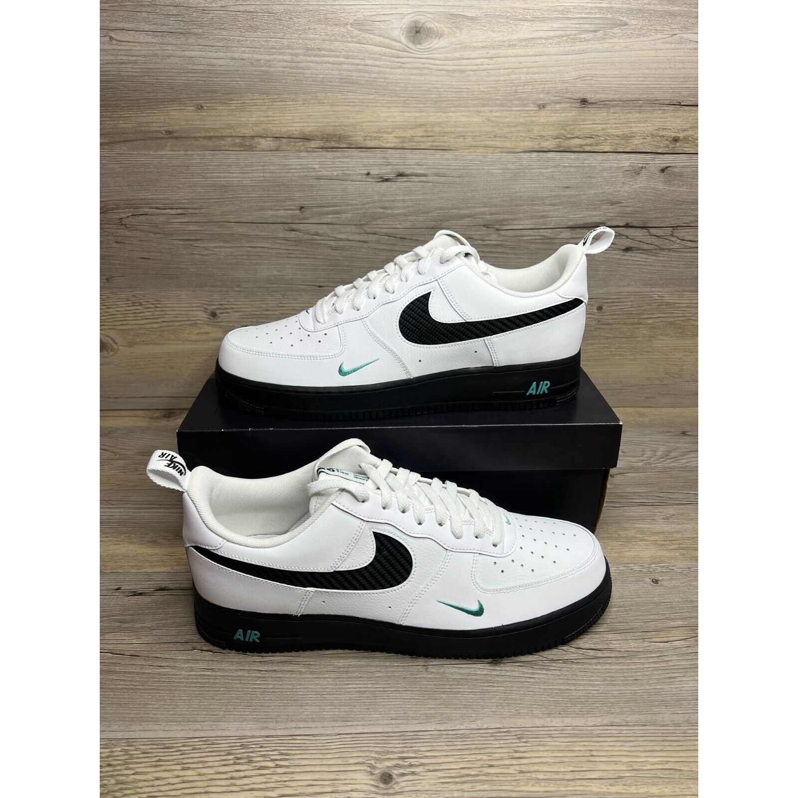image of Nike Air Force 1 Low Mens Size 13 White Black Washed Teal Shoes