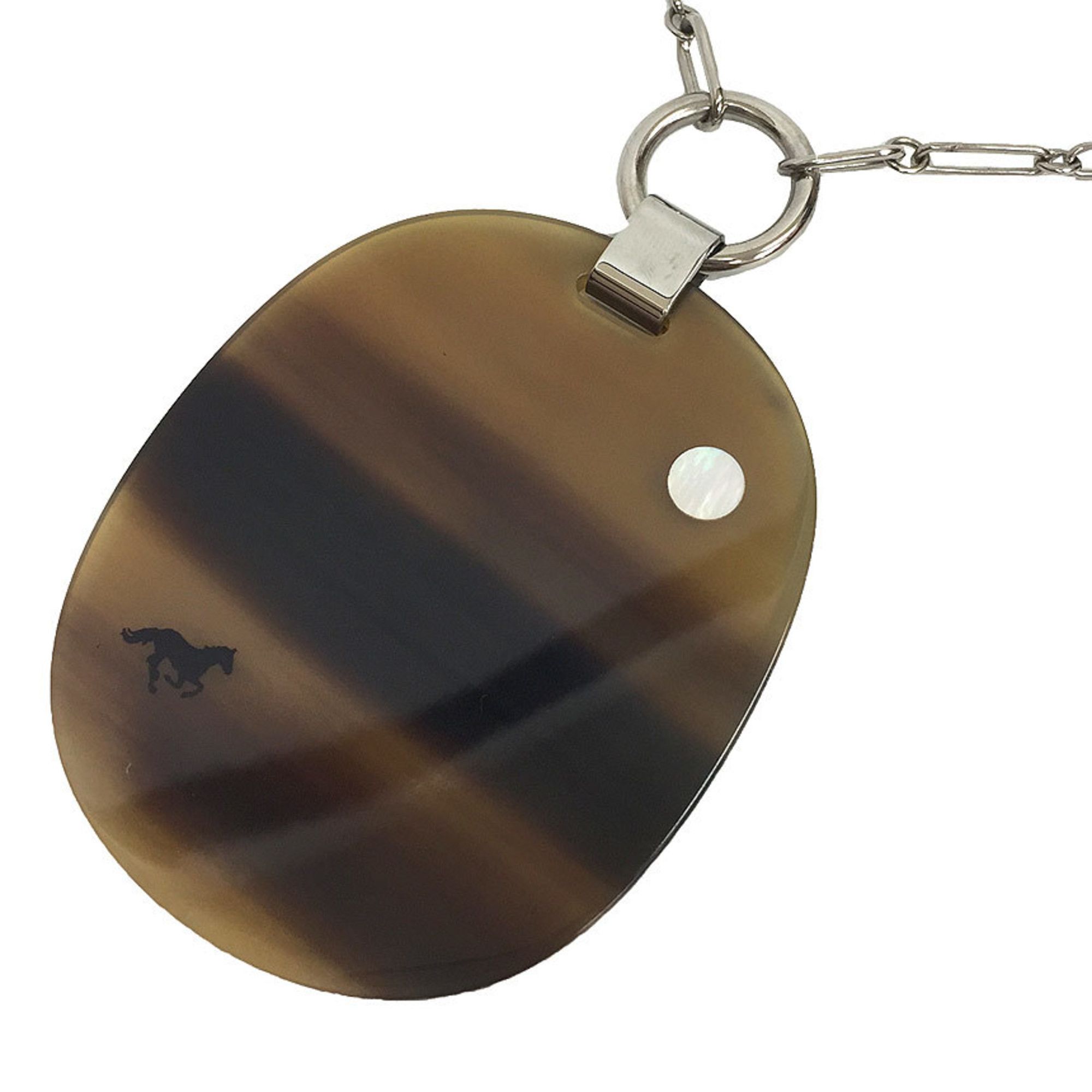 image of Hermes Buffalo Horn Necklace Pendant Horse Brown, Women's