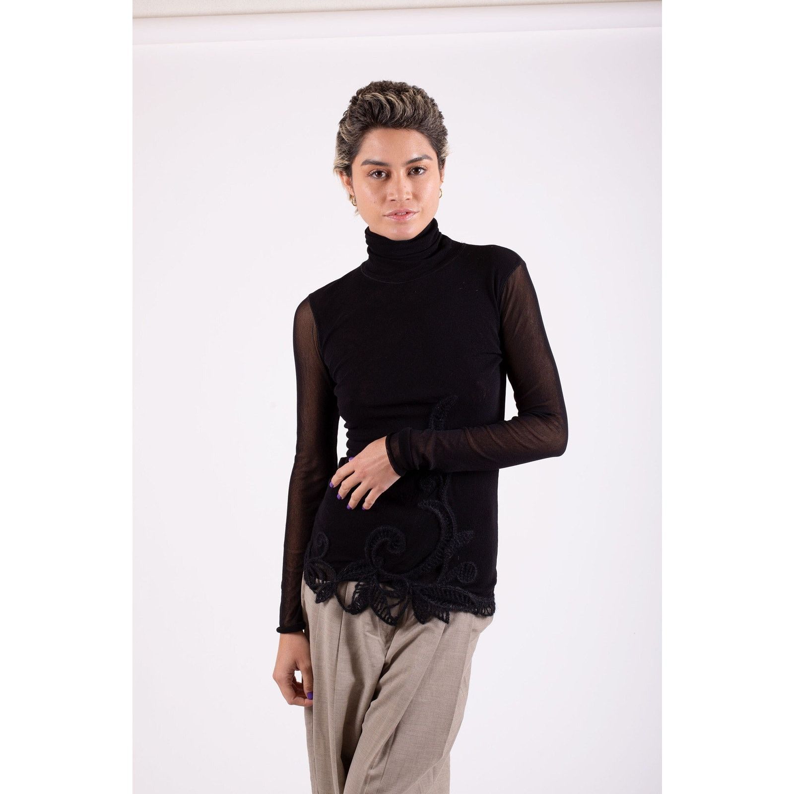 Vintage FUZZI Double Layered Mesh Floral Crochet Turtleneck