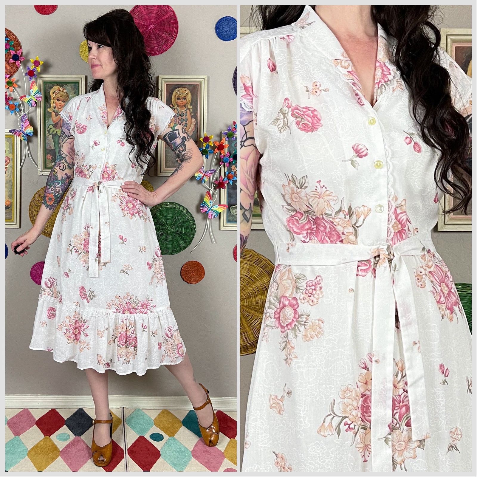 1970s Romantic Floral Print Short Sleeve Cotton Midi Dress