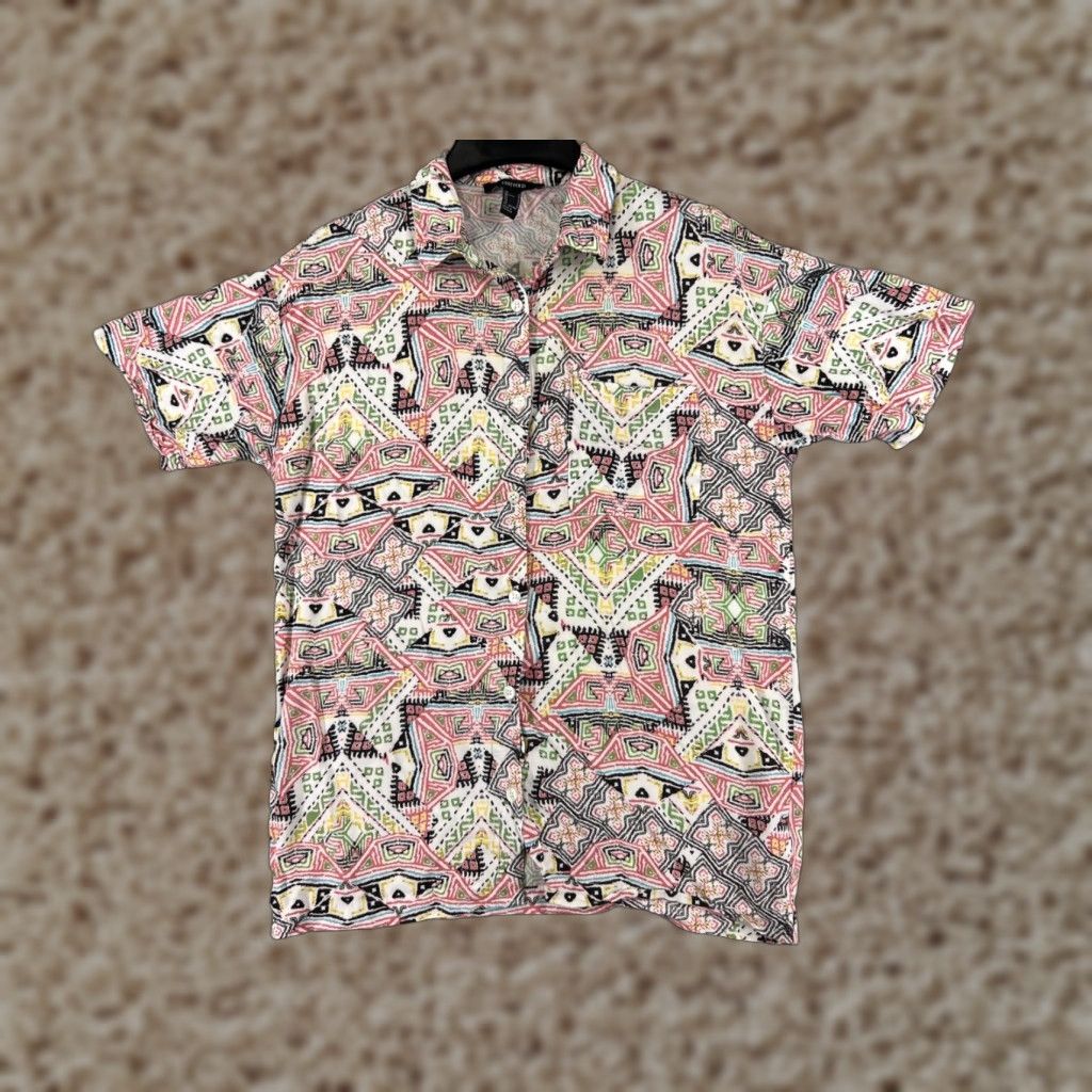 Forever 21 FOREVER 21 Shirt Men Adult Medium White Red Southwest Aztec Print Button Up Viscose Floral 90s Mens Size US M / EU 48-50 / 2 - 1 Thumbnail