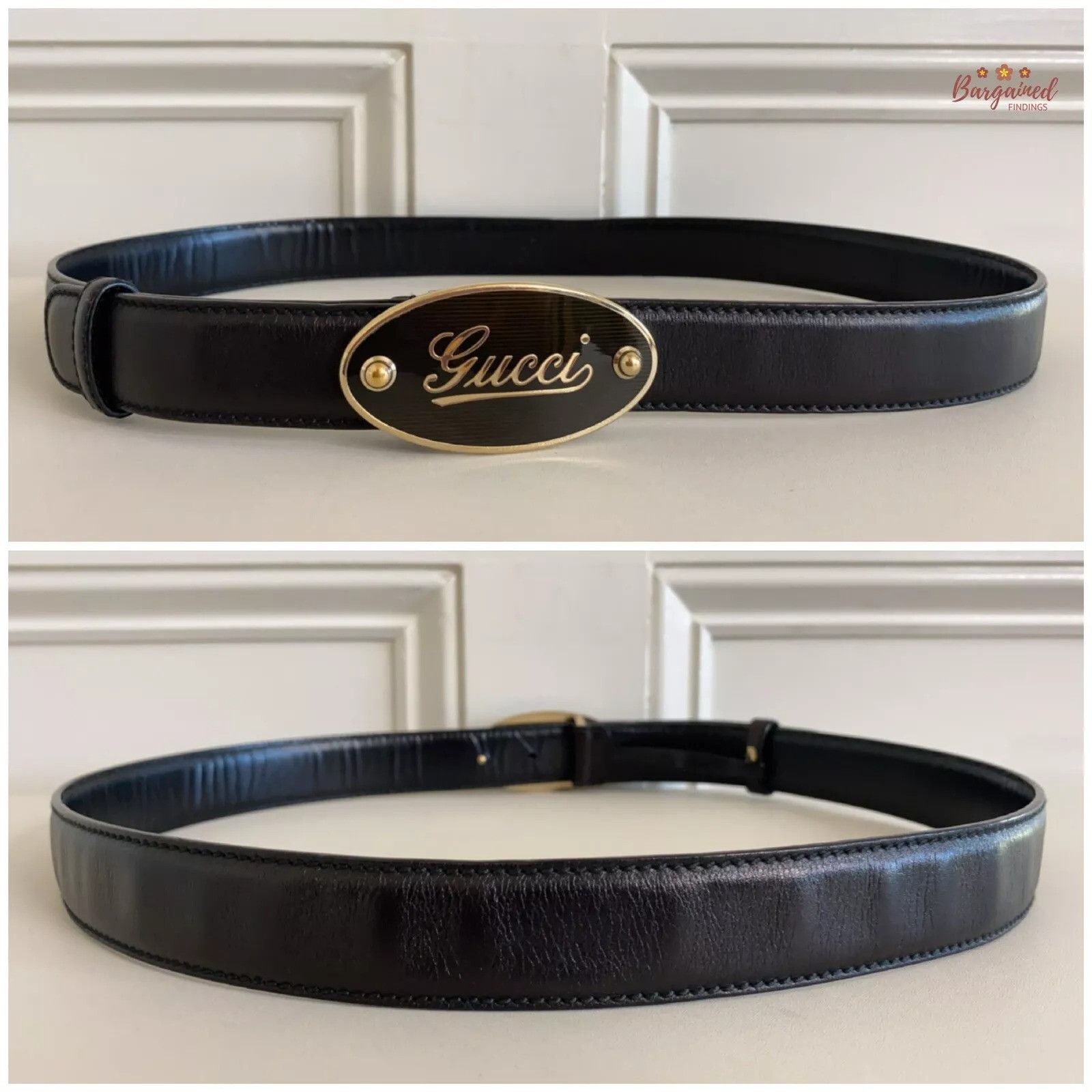 Gucci GUCCI Black Calfskin Leather Gold Script Oval Buckle Belt Size 32 - 3 Thumbnail