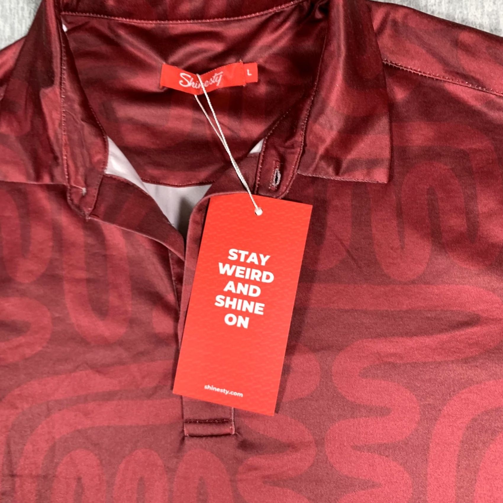 Vintage Shinesty Polo Shirt Mens Large Red Burgundy Maze Print Stretch Golf Performance Shirt Size US L / EU 52-54 / 3 - 6 Thumbnail