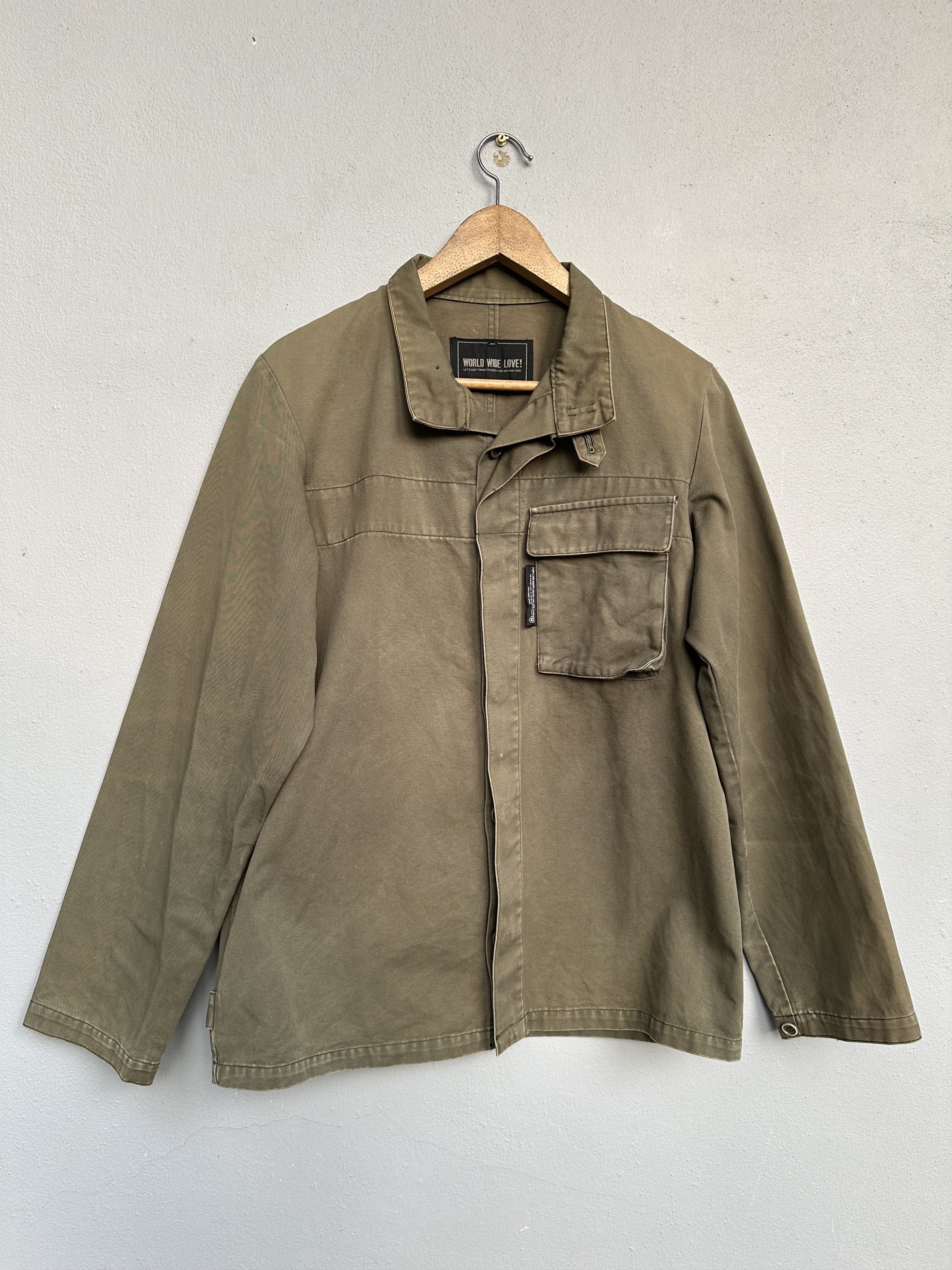 image of Military x Vintage World Wide Love Chore Distressed Worker Jacket, Men's (Size Large)