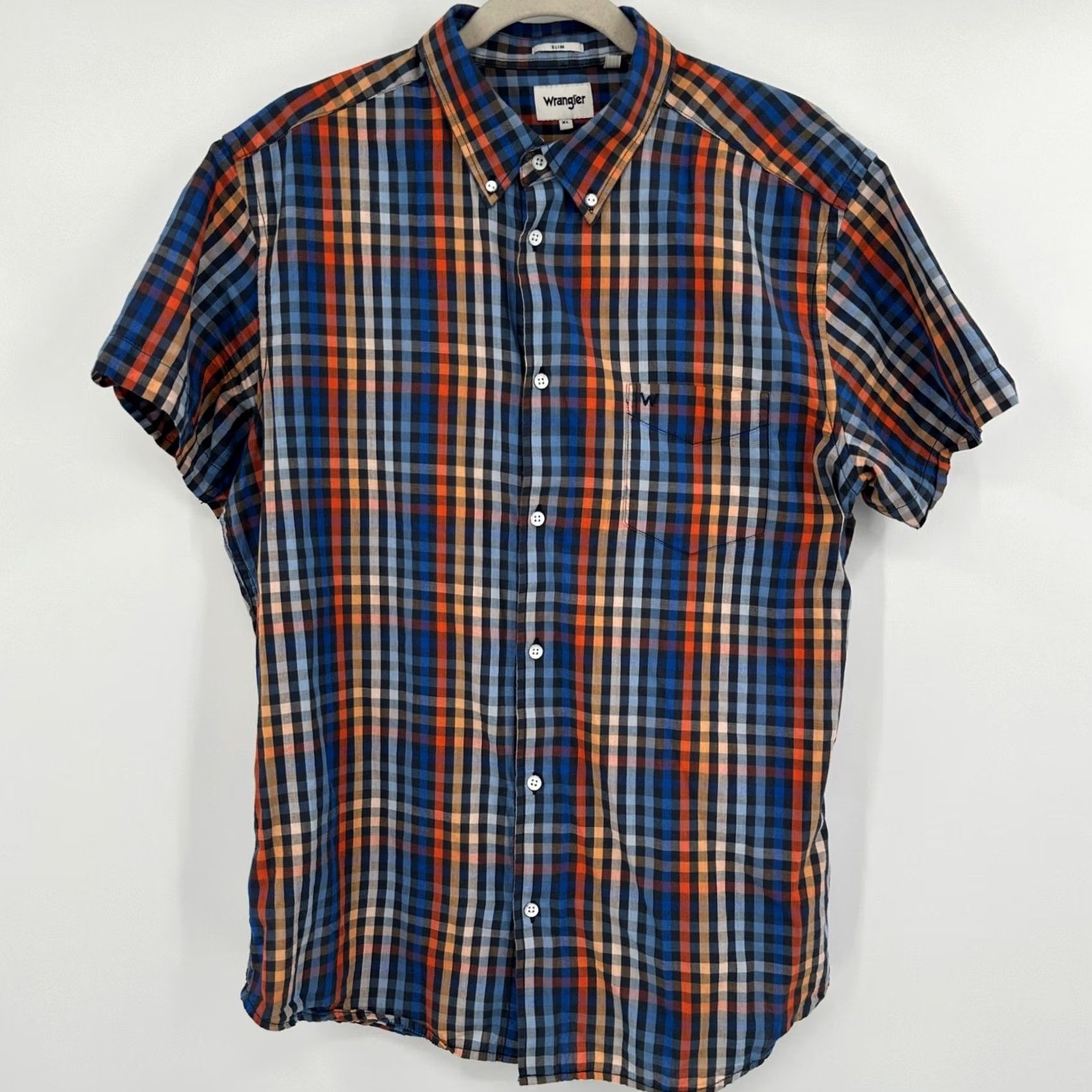 Wrangler Wrangler Shirt Plaid Short Sleeve Button-Down Mens XL Slim Fit Blue Orange Black Casual Shirt Accessories: Button, Chest Pocket, W Logo Size US XL / EU 56 / 4 - 6 Thumbnail