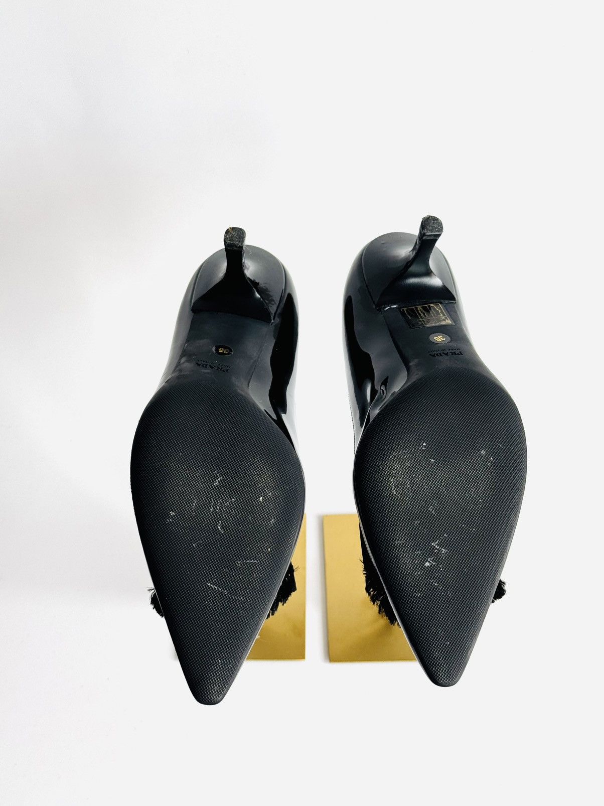 Prada black patent leather kitten heel grosgrain bow pumps
