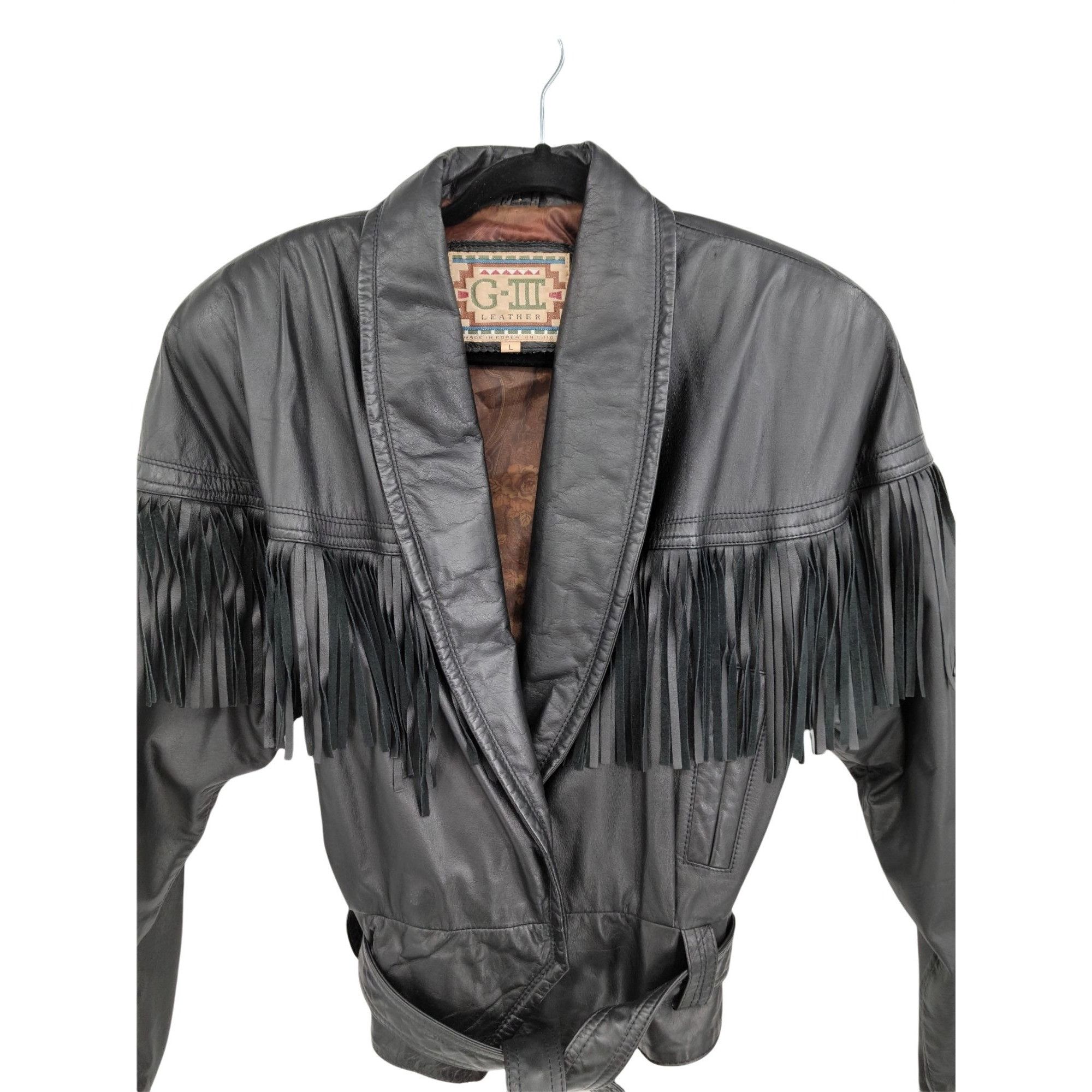 Vintage Vtg 80s G-III Black Fringed Leather Belted Bomber Jacket Sz Size L / US 10 / IT 46 - 4 Thumbnail