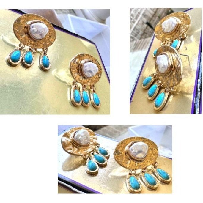 Handmade Hammered Metal Faux Pearl Turquoise Earrings Posts New Crui Size ONE SIZE - 10 Thumbnail