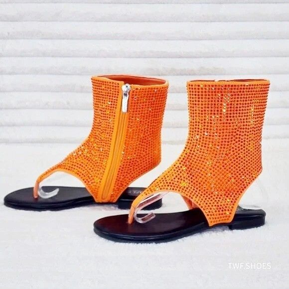 Other Just Doit Rhinestones Flat Bootie Thong Sandals Orange (US S Size US 7 / IT 37 - 1 Thumbnail