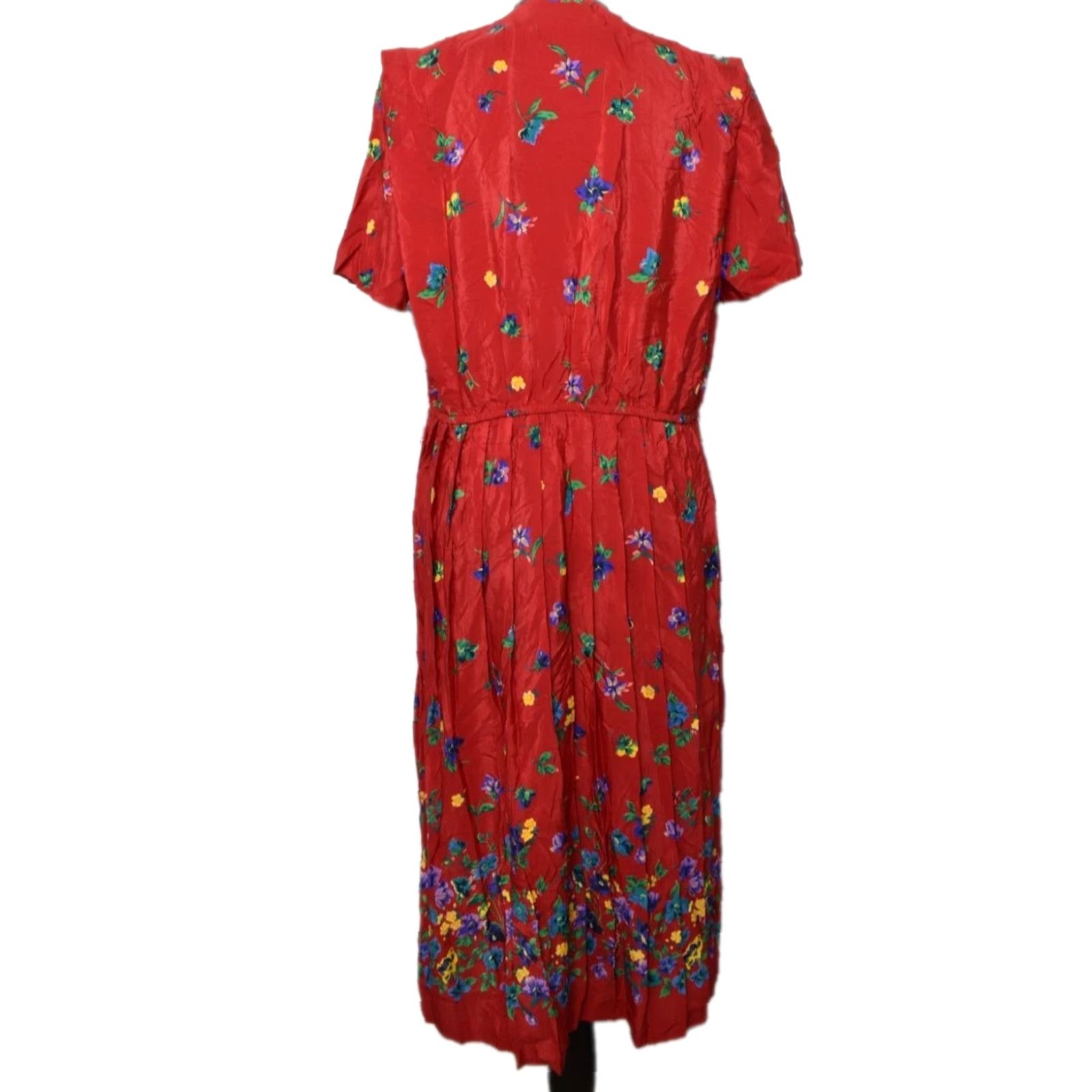 Fay VINTAGE Leslie Fay Dress Pleated Floral Midi Shirt Dress Small Red 8P Petite Waist Belted Short Sleeve Women Size S / US 4 / IT 40 - 3 Thumbnail
