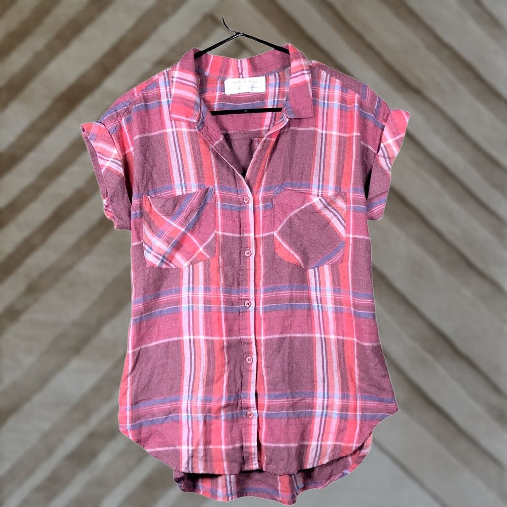 CLOT Cloth & Stone Womens Shirt Multicolor Plaid Short Sleeve Button Down V Neck S Mens Girls Boys Size S / US 4 / IT 40 - 1 Thumbnail