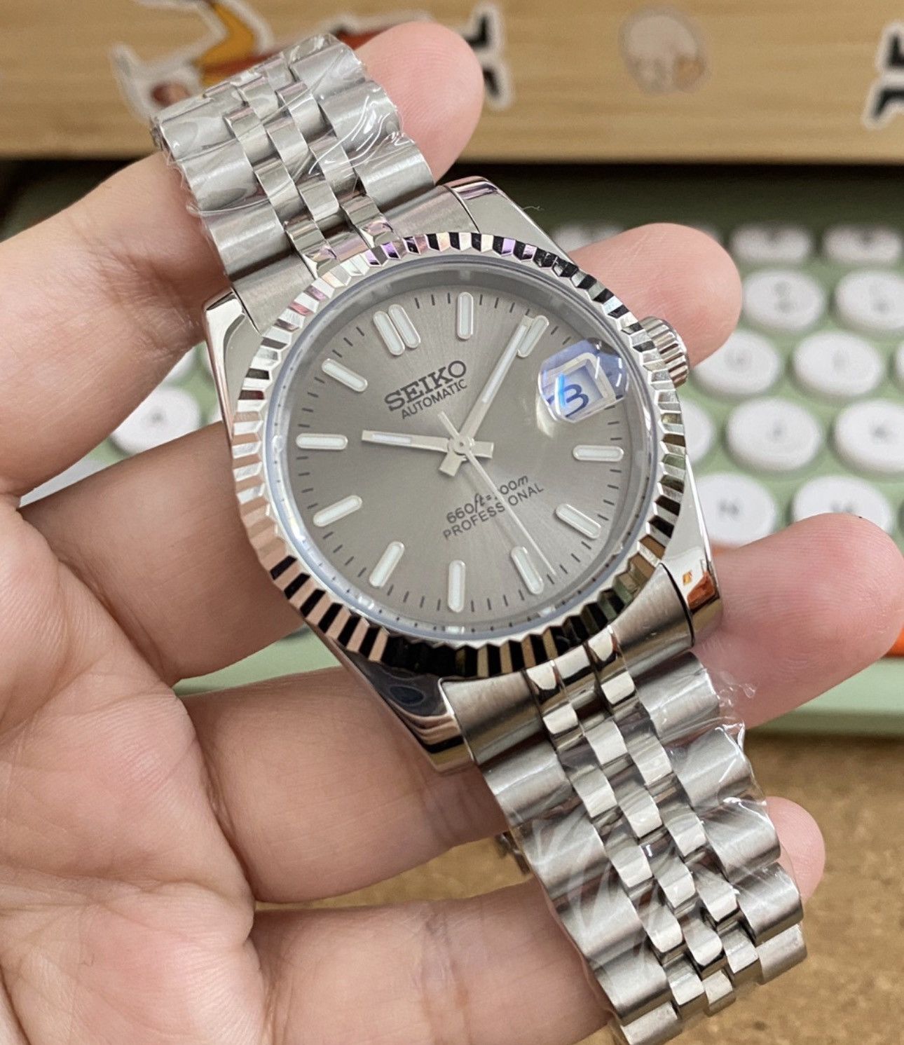 Japanese Brand Seiko Mod Datejust Silver Dial Steel Jubilee Watch 36mm Size ONE SIZE - 3 Thumbnail