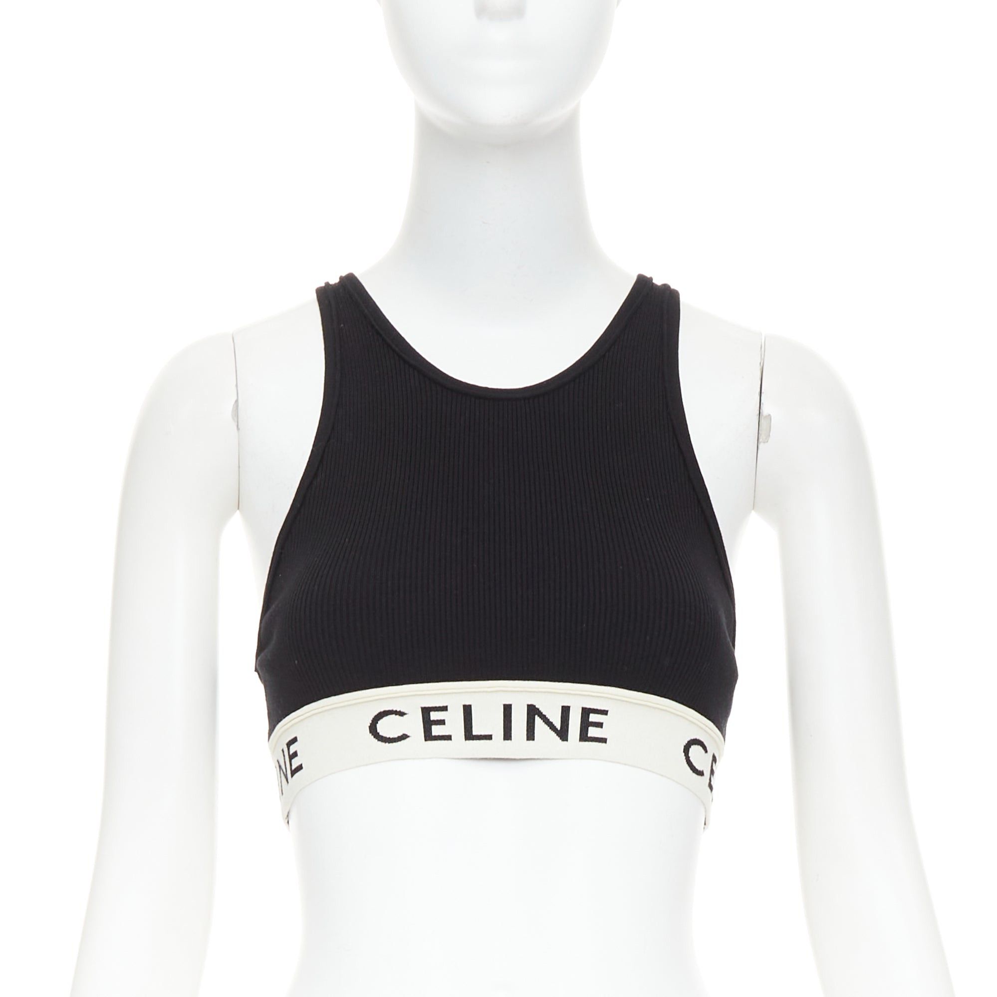 Celine CELINE black cotton blend cream ribbed logo round neck bra top Lisa Blackpink Size XS / US 0-2 / IT 36-38 - 1 Thumbnail