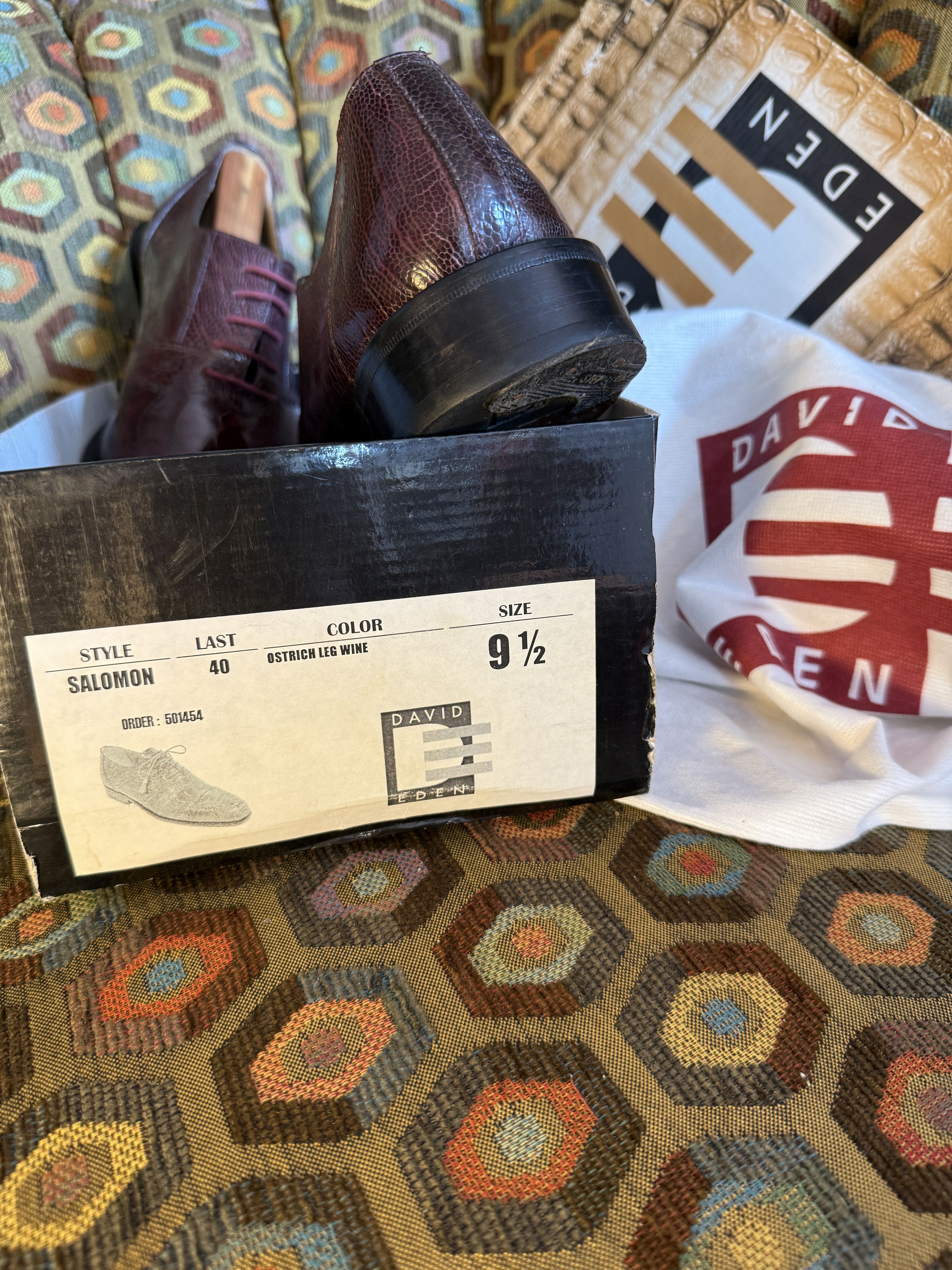 David Eden SALOMON ostrich leg cap-toe oxfords in wine +box, bag, trees Size US 9.5 / EU 42-43 - 14 Thumbnail