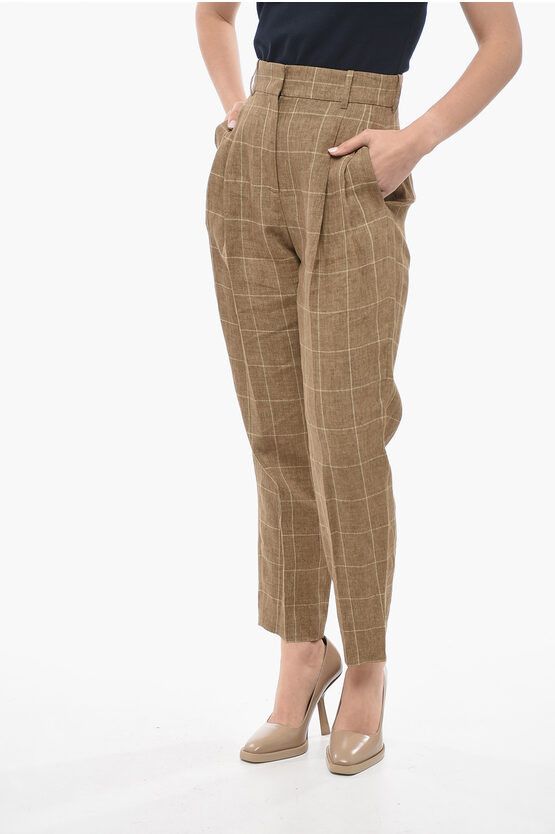 image of Fabiana Filippi Linen Chinos Pants With Windowpane Motif in Beige, Women's (Size 26)
