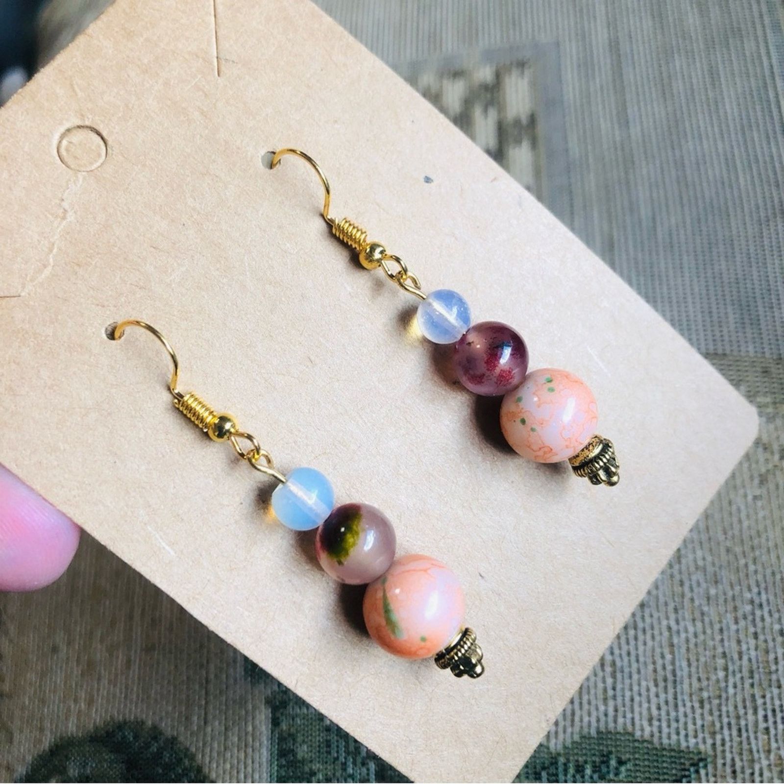 Other Handcrafted art glass genuine stone agate opalite earrings Size ONE SIZE - 3 Thumbnail