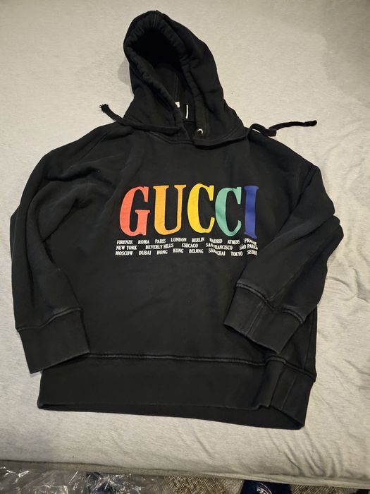 Gucci Rainbow Gucci Black Hoodie with Cities Altered To Sz Medium