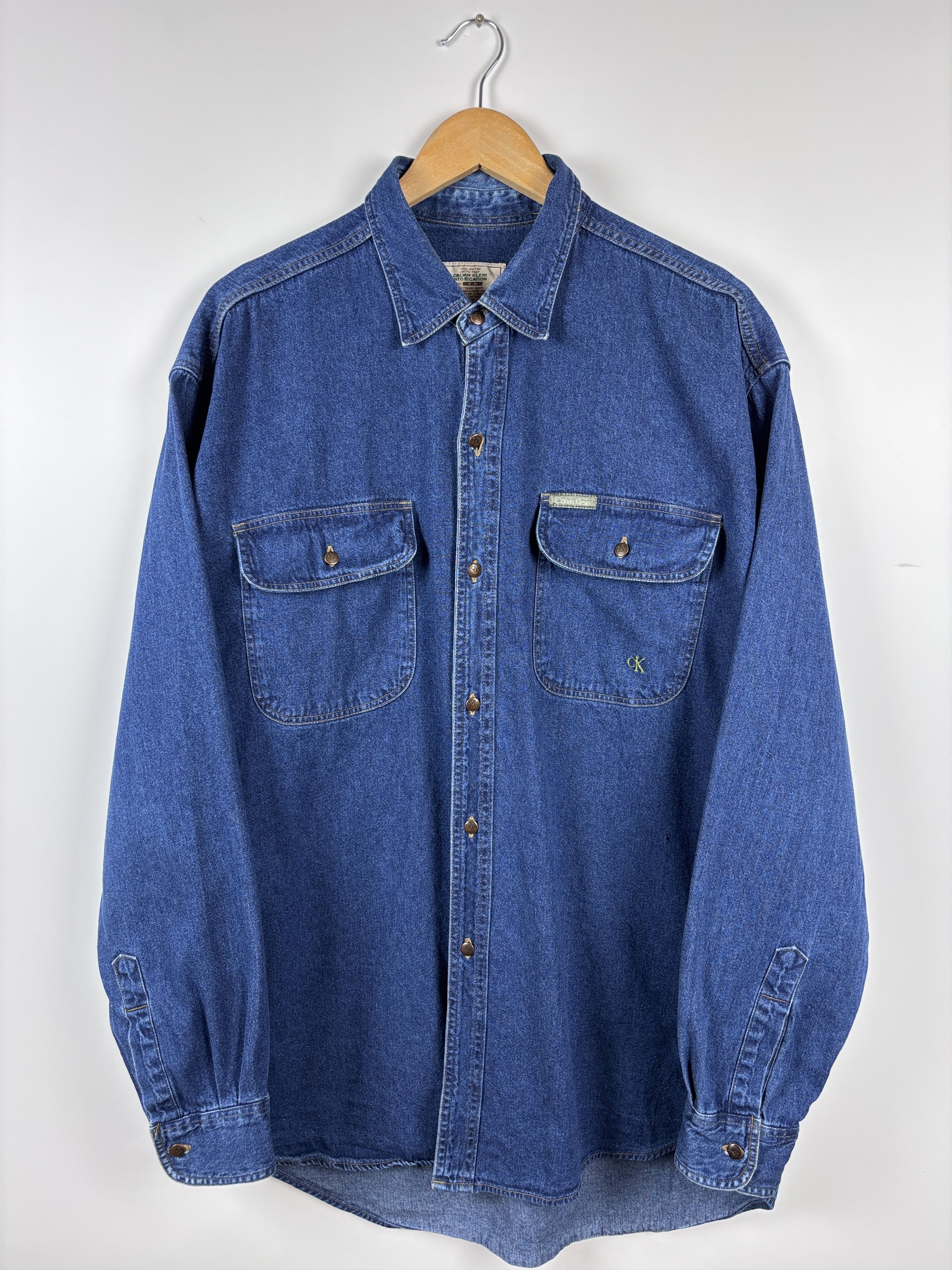 Vintage 80s Calvin Klein Denim Jeans Shirt Blue Mens Size XL