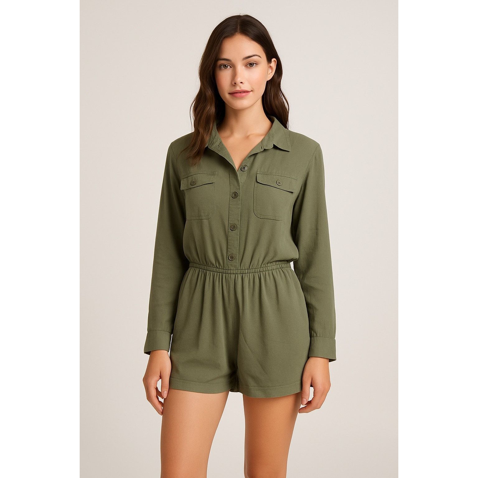 Other Olive Green Button Front Long Sleeve Romper IRIS M Size 28" / US 6 / IT 42 - 1 Thumbnail